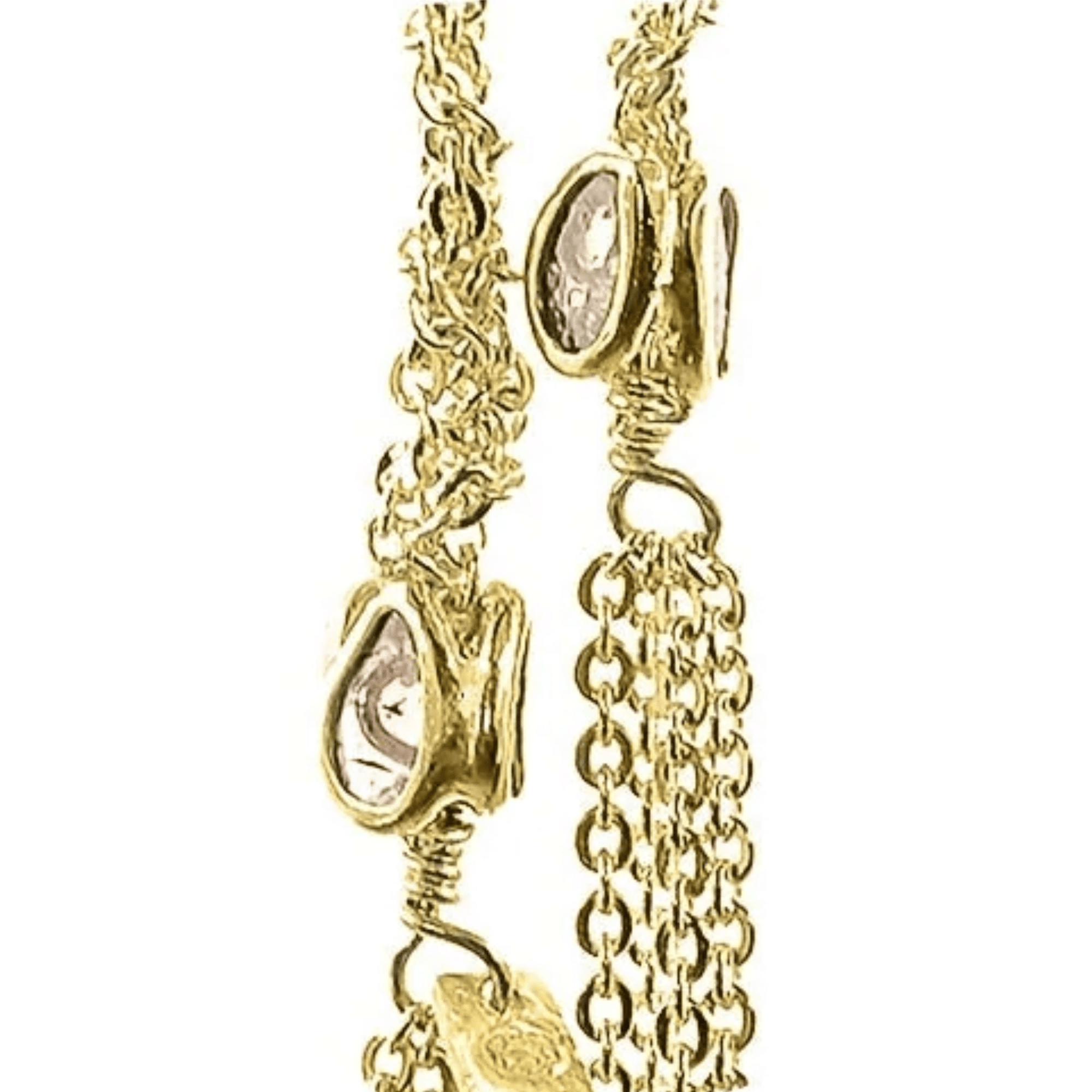 Vermeil Chain Woven Tie Lariat Necklace with End Chain Tassels &amp; Polki Diamond Rondelle Beads - Peridot Fine Jewelry - Marie Laure Chamorel