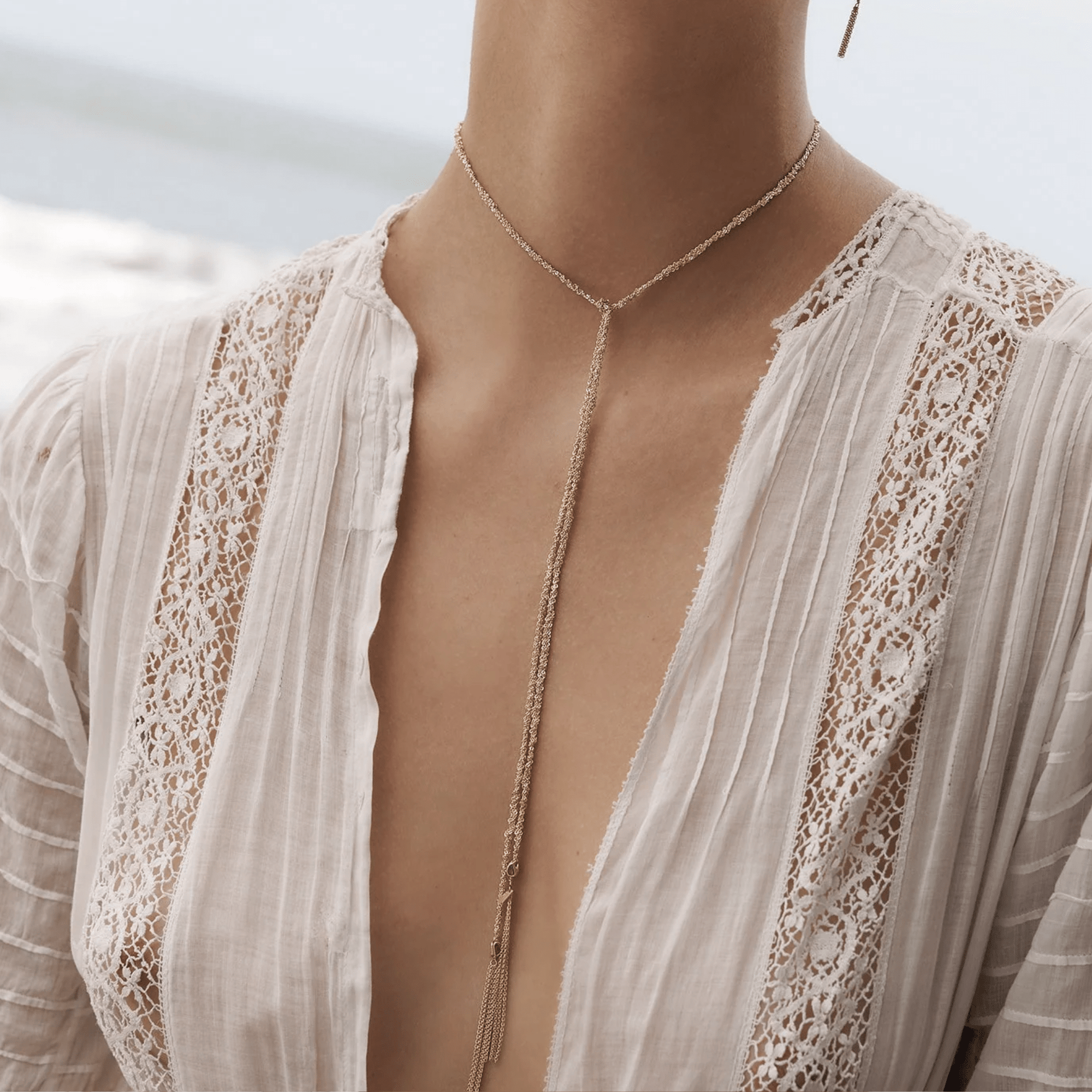 Vermeil Chain Woven Tie Lariat Necklace with End Chain Tassels &amp; Polki Diamond Rondelle Beads - Peridot Fine Jewelry - Marie Laure Chamorel