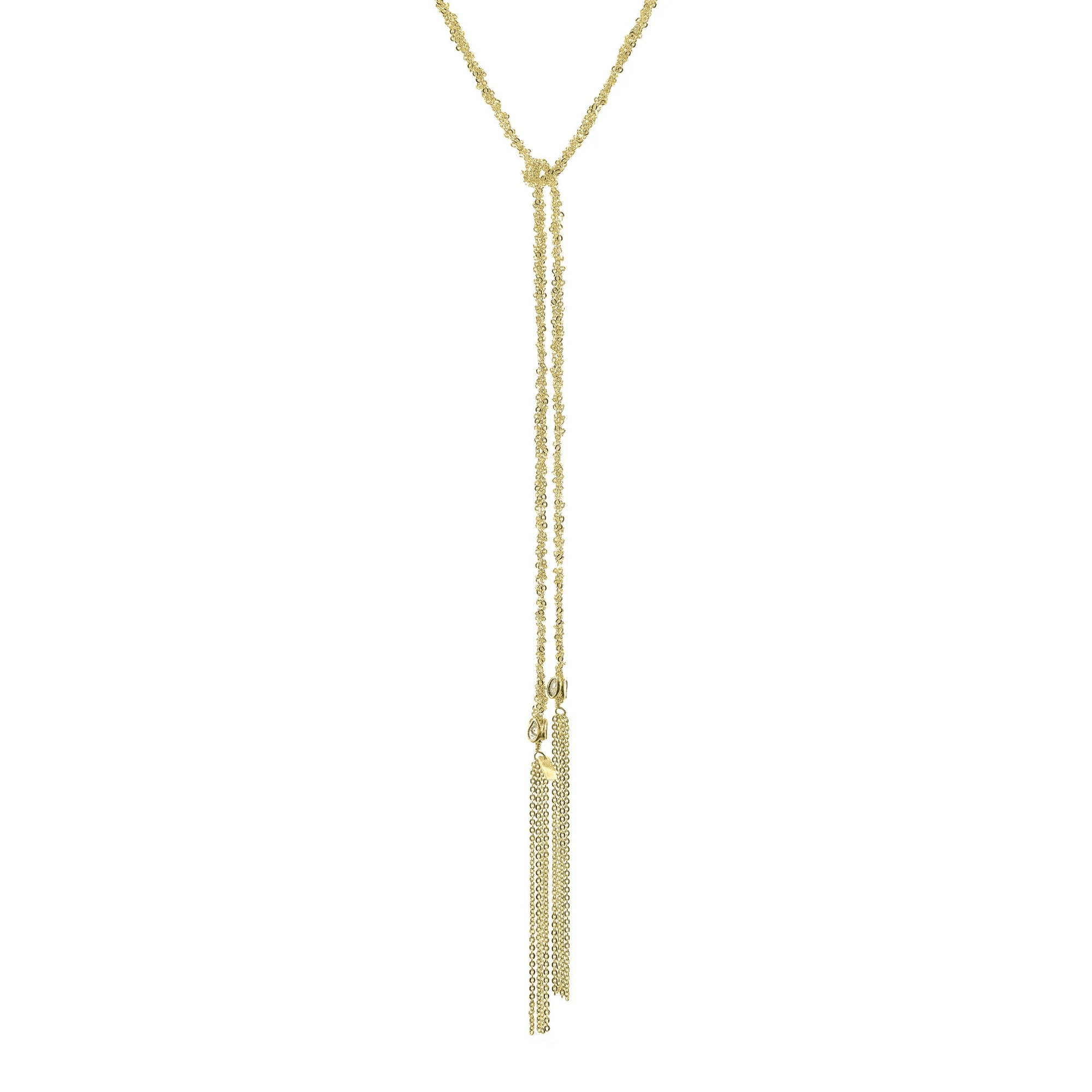 Vermeil Chain Woven Tie Lariat Necklace with End Chain Tassels &amp; Polki Diamond Rondelle Beads - Peridot Fine Jewelry - Marie Laure Chamorel