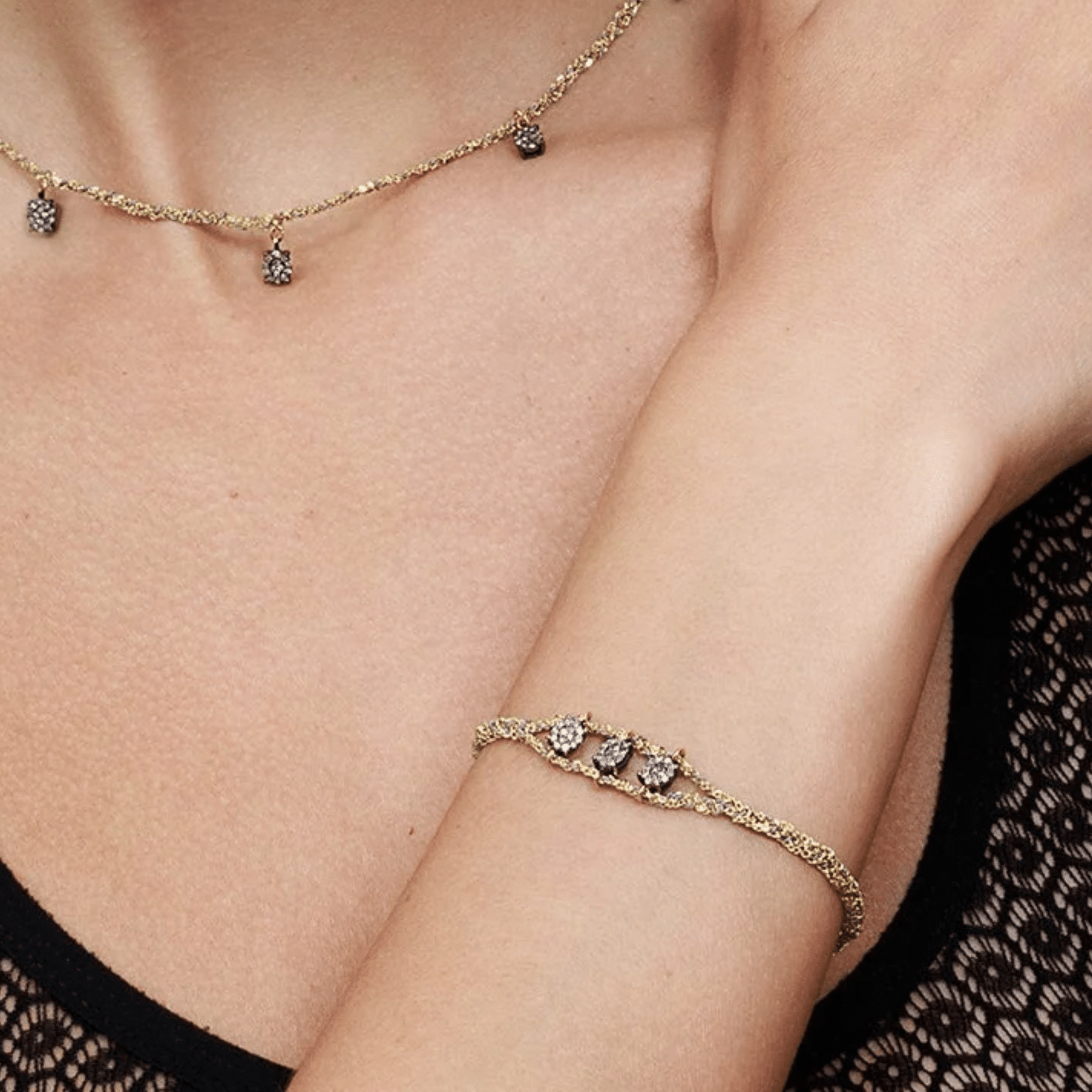 Vermeil &amp; Grey Silk Woven Bracelet Featuring Open Center Section with Three Oval Oxidized Sterling Silver &amp; Pave Diamond Charms - Peridot Fine Jewelry - Marie Laure Chamorel