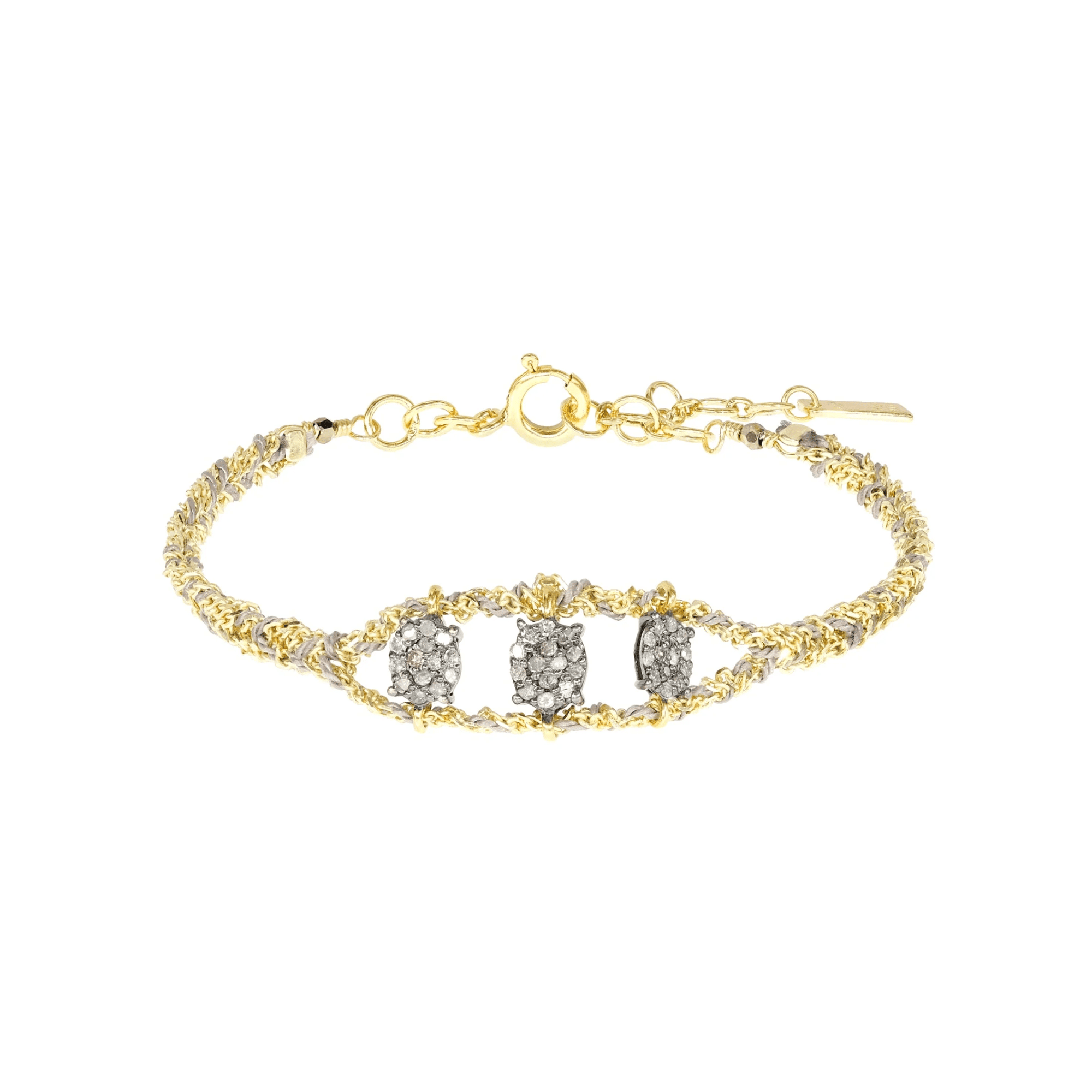 Vermeil &amp; Grey Silk Woven Bracelet Featuring Open Center Section with Three Oval Oxidized Sterling Silver &amp; Pave Diamond Charms - Peridot Fine Jewelry - Marie Laure Chamorel