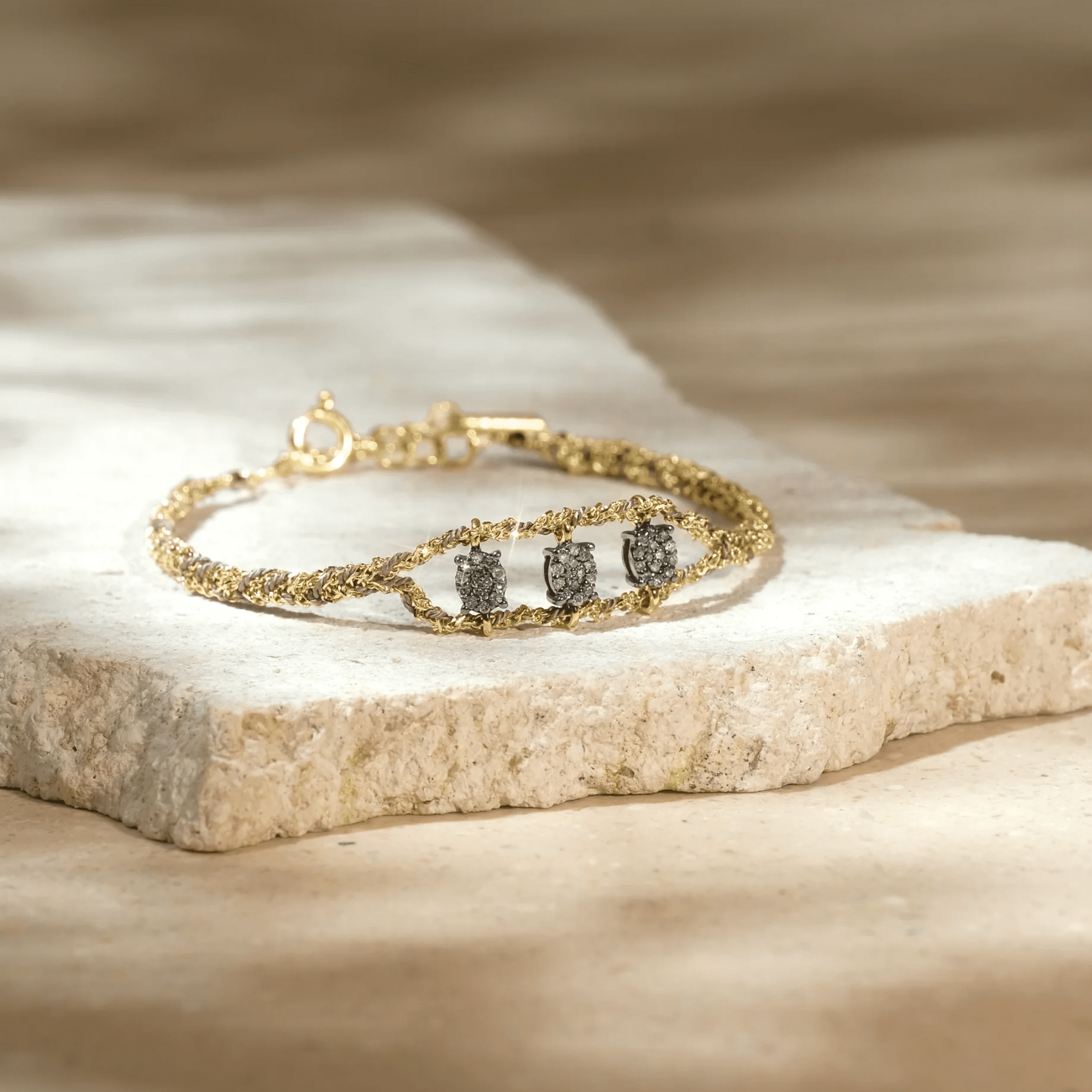Vermeil &amp; Grey Silk Woven Bracelet Featuring Open Center Section with Three Oval Oxidized Sterling Silver &amp; Pave Diamond Charms - Peridot Fine Jewelry - Marie Laure Chamorel