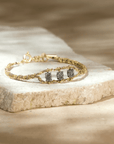 Vermeil & Grey Silk Woven Bracelet Featuring Open Center Section with Three Oval Oxidized Sterling Silver & Pave Diamond Charms - Peridot Fine Jewelry - Marie Laure Chamorel