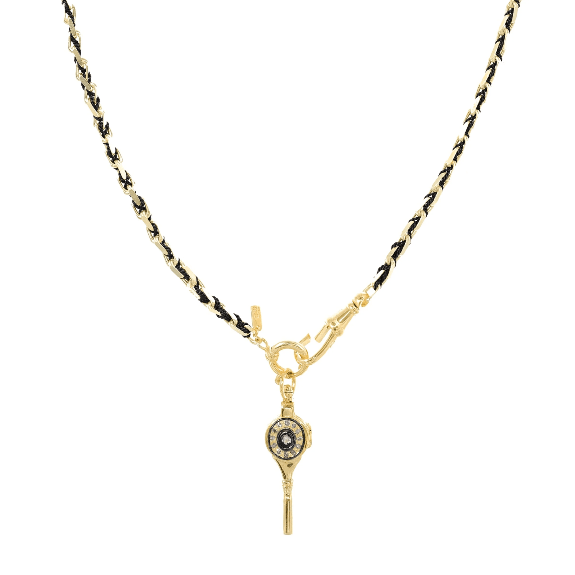 Vermeil Heavy Rectangular Link Chain &amp; Black Silk Woven Necklace with Removable Diamond Key Locket Pendant - Peridot Fine Jewelry - Marie Laure Chamorel