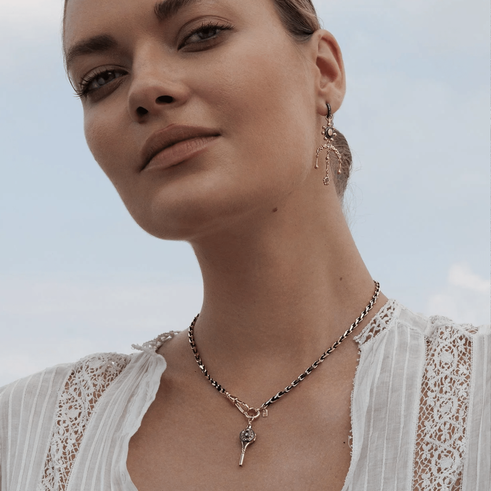 Vermeil Heavy Rectangular Link Chain &amp; Black Silk Woven Necklace with Removable Diamond Key Locket Pendant - Peridot Fine Jewelry - Marie Laure Chamorel