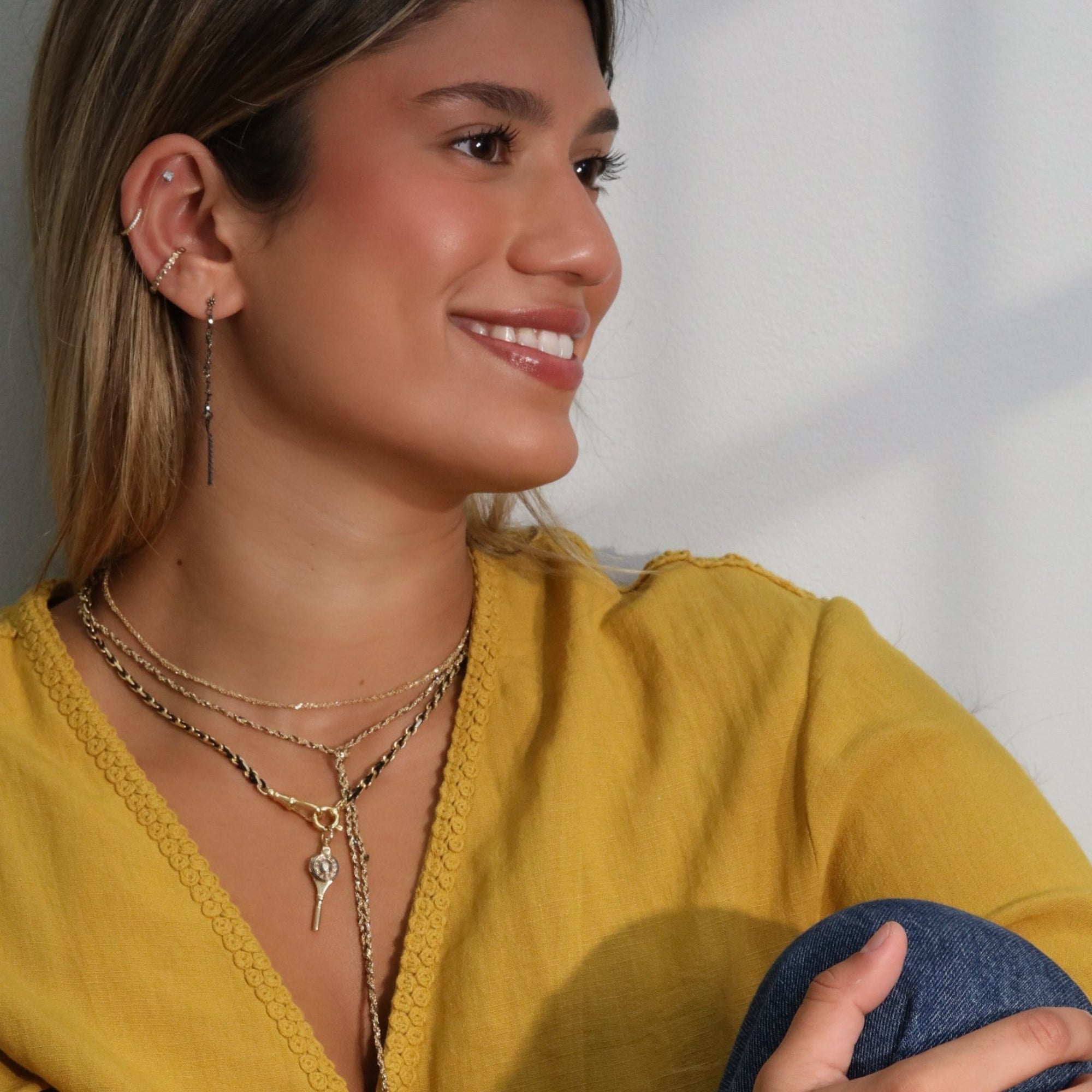 Vermeil Heavy Rectangular Link Chain &amp; Black Silk Woven Necklace with Removable Diamond Key Locket Pendant - Peridot Fine Jewelry - Marie Laure Chamorel