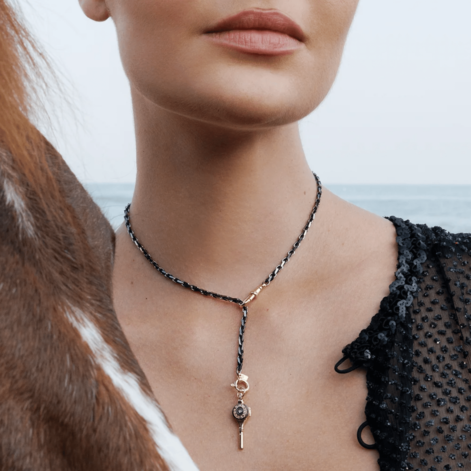 Vermeil Heavy Rectangular Link Chain &amp; Black Silk Woven Necklace with Removable Diamond Key Locket Pendant - Peridot Fine Jewelry - Marie Laure Chamorel