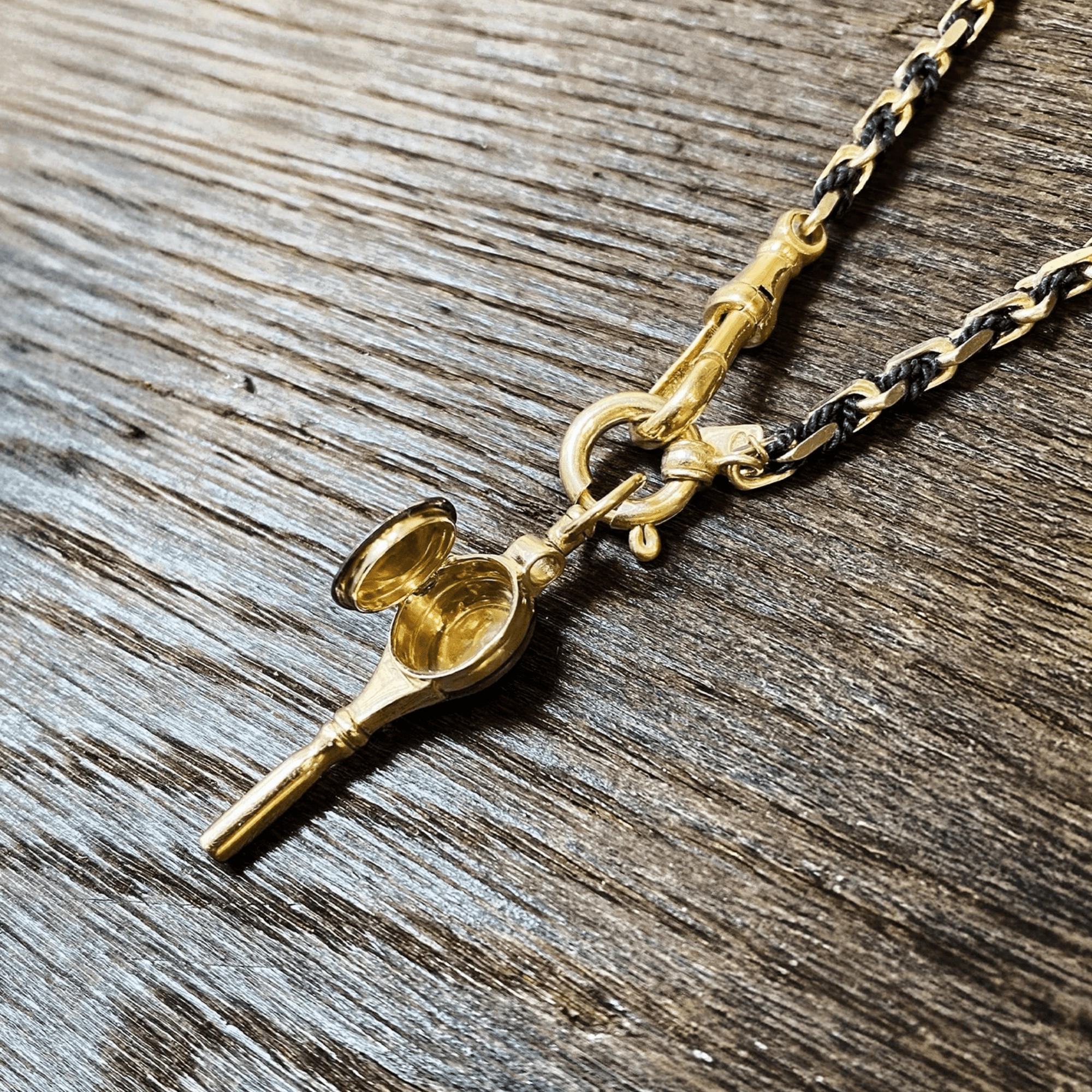 Vermeil Heavy Rectangular Link Chain &amp; Black Silk Woven Necklace with Removable Diamond Key Locket Pendant - Peridot Fine Jewelry - Marie Laure Chamorel