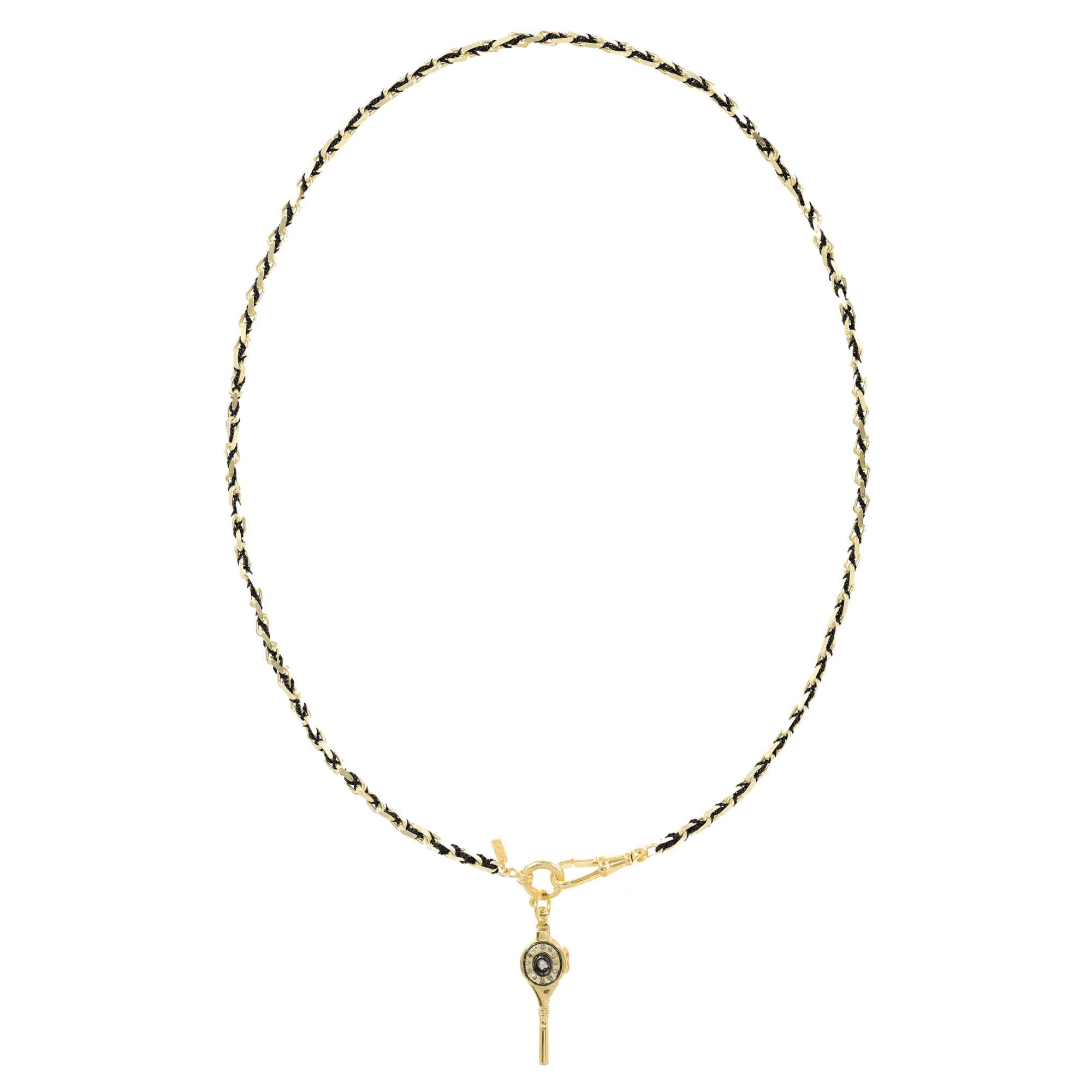 Vermeil Heavy Rectangular Link Chain &amp; Black Silk Woven Necklace with Removable Diamond Key Locket Pendant - Peridot Fine Jewelry - Marie Laure Chamorel