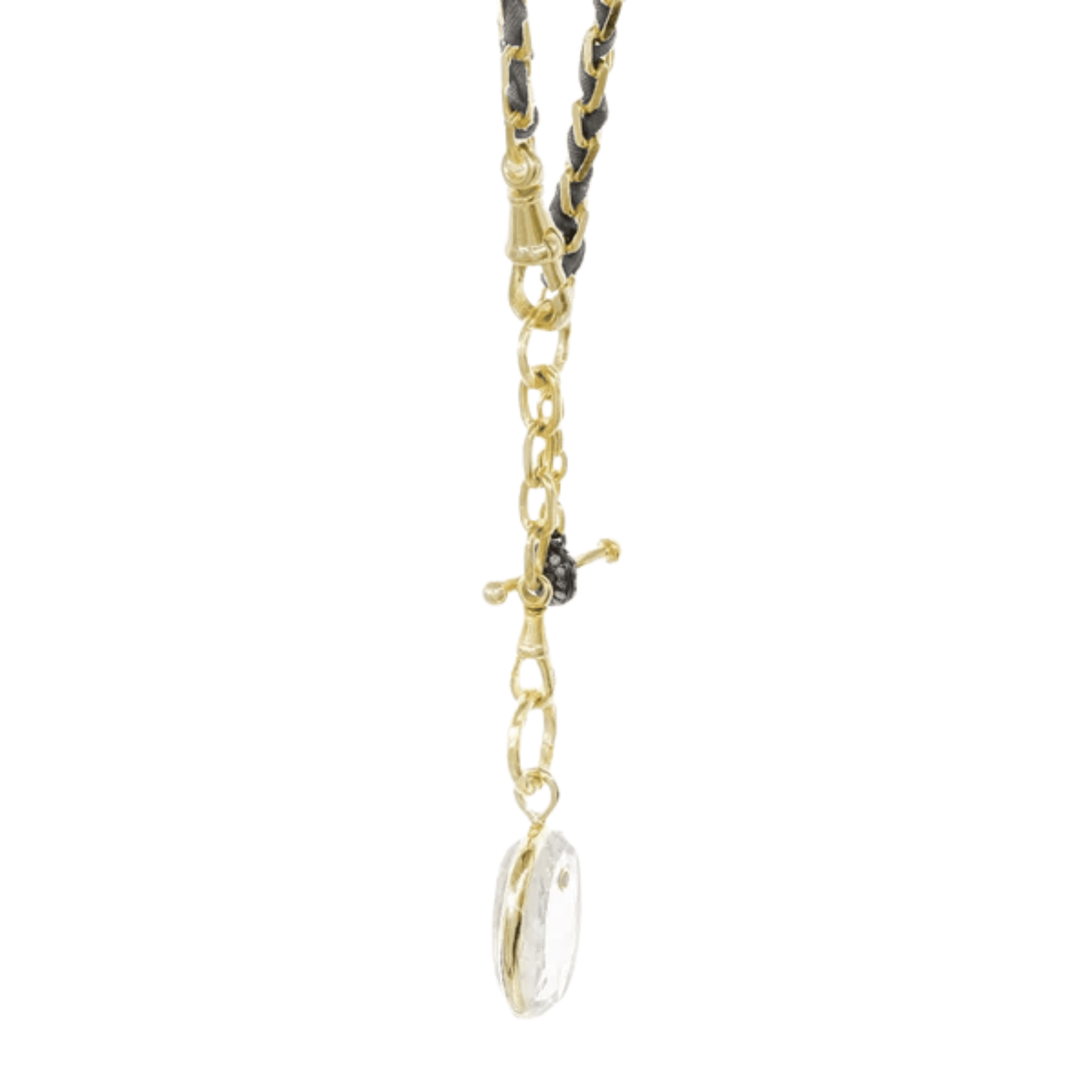 Vermeil Heavy Rectangular Link Chain &amp; Grey Silk Woven Necklace with Engraved Rock Crystal Medallion Pendant - Peridot Fine Jewelry - Marie Laure Chamorel