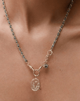 Vermeil Heavy Rectangular Link Chain & Grey Silk Woven Necklace with Engraved Rock Crystal Medallion Pendant - Peridot Fine Jewelry - Marie Laure Chamorel