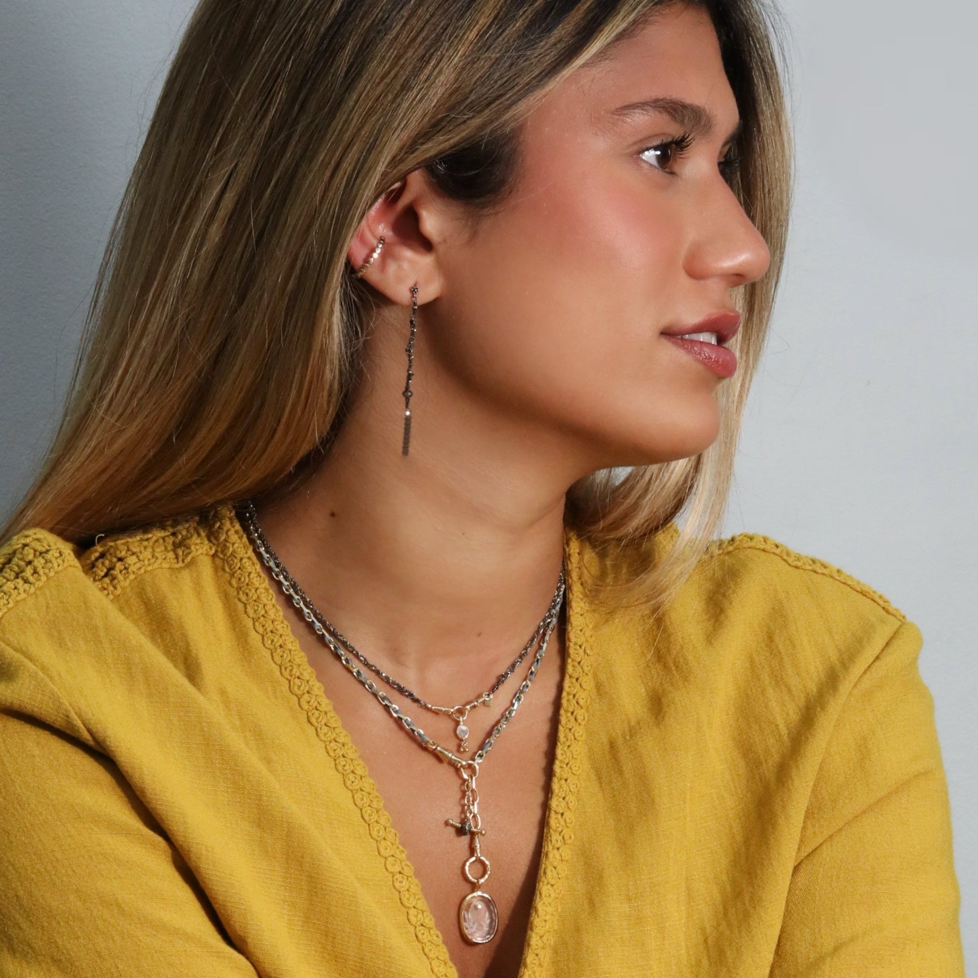 Vermeil Heavy Rectangular Link Chain &amp; Grey Silk Woven Necklace with Engraved Rock Crystal Medallion Pendant - Peridot Fine Jewelry - Marie Laure Chamorel