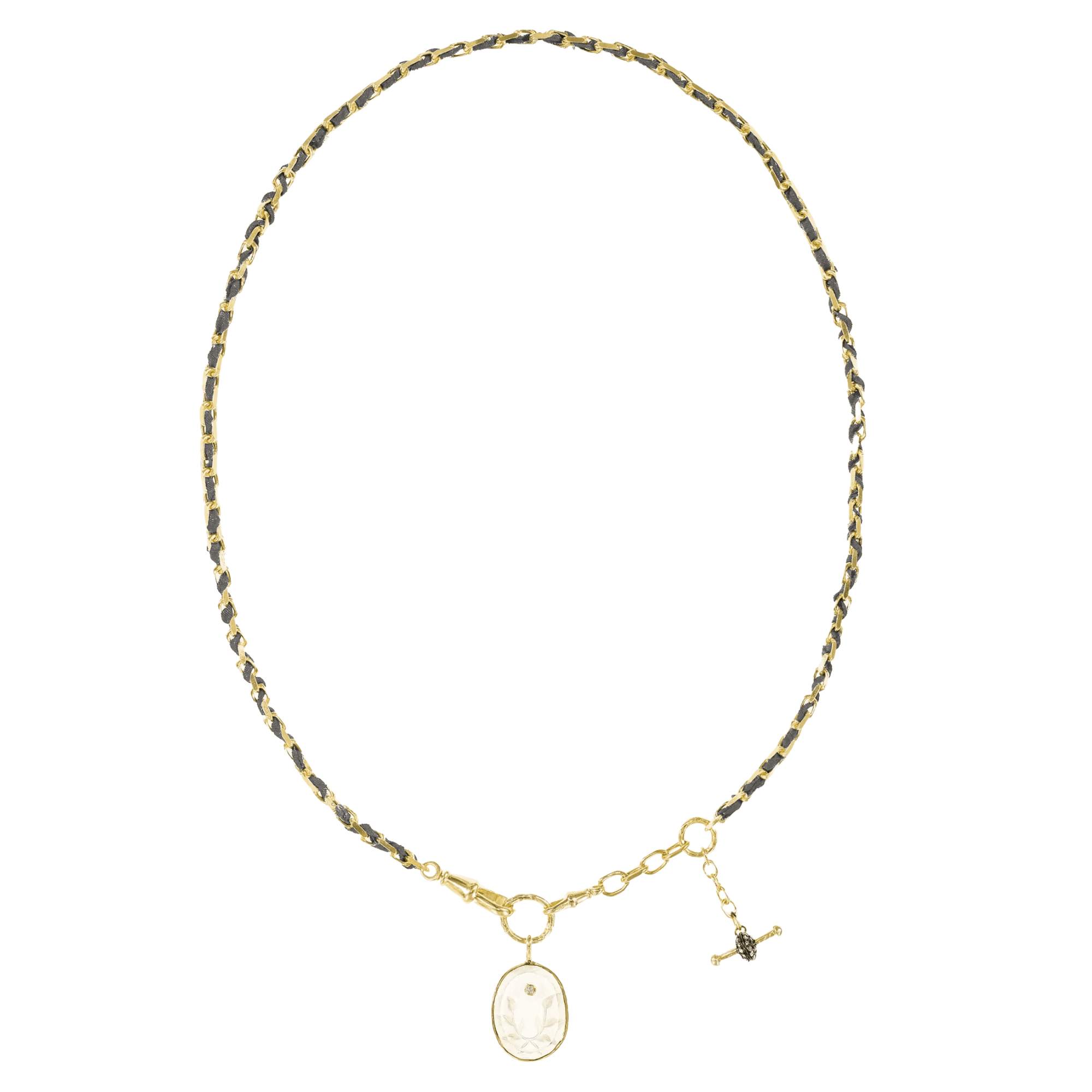 Vermeil Heavy Rectangular Link Chain &amp; Grey Silk Woven Necklace with Engraved Rock Crystal Medallion Pendant - Peridot Fine Jewelry - Marie Laure Chamorel