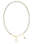 Vermeil Heavy Rectangular Link Chain & Grey Silk Woven Necklace with Engraved Rock Crystal Medallion Pendant - Peridot Fine Jewelry - Marie Laure Chamorel