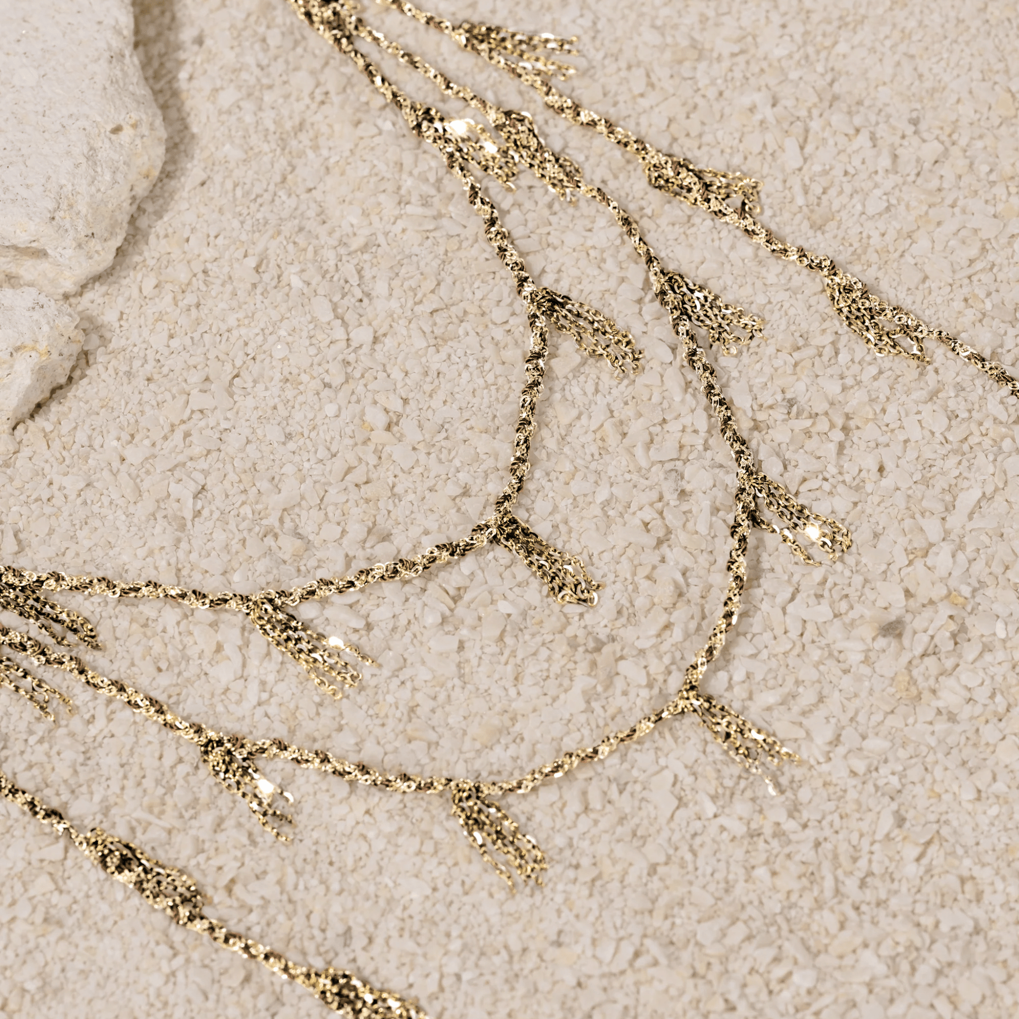 Vermeil &amp; "Kaki" Green Silk Woven Multi Twist Tie Lariat Necklace with Mini Chain Tassel Stations - Peridot Fine Jewelry - Marie Laure Chamorel