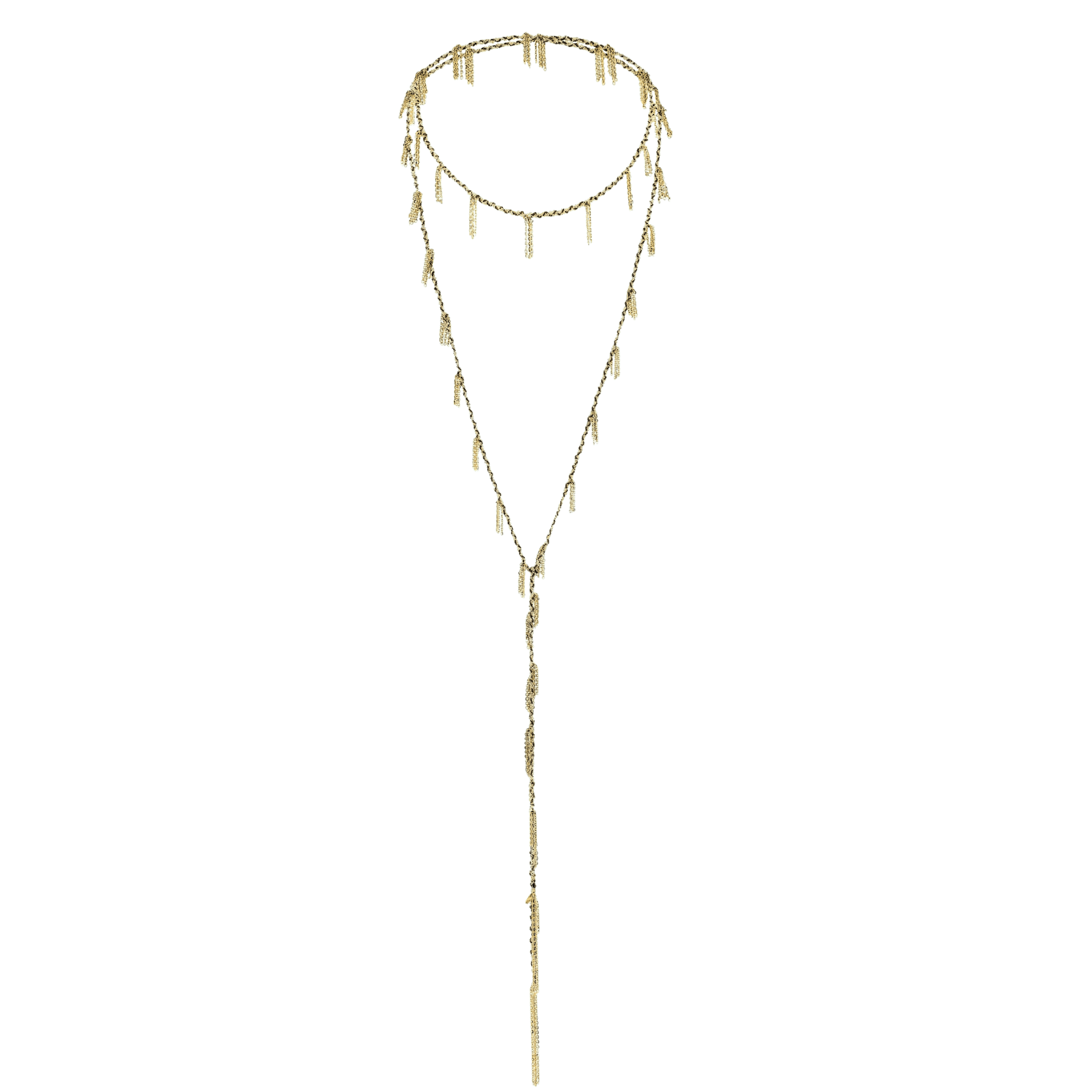 Vermeil &amp; "Kaki" Green Silk Woven Multi Twist Tie Lariat Necklace with Mini Chain Tassel Stations - Peridot Fine Jewelry - Marie Laure Chamorel
