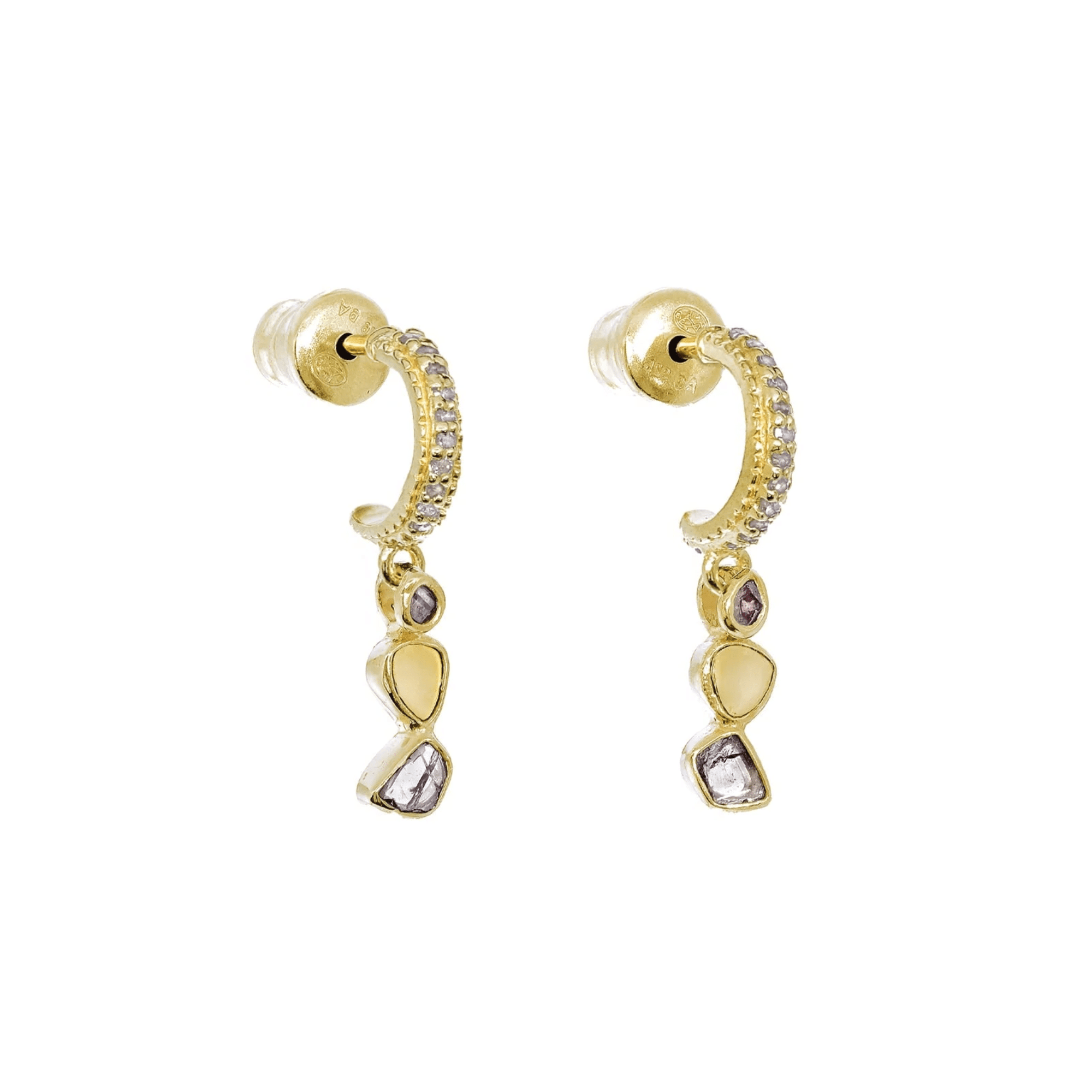 Vermeil &amp; Pave Diamond Half Hoop Earrings with Polki Diamond Dangles - Peridot Fine Jewelry - Marie Laure Chamorel