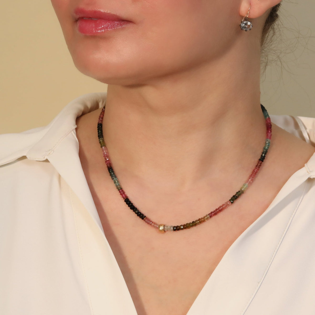 Watermelon Tourmaline "Boulder" Beaded Necklace - Peridot Fine Jewelry - Anne Sportun