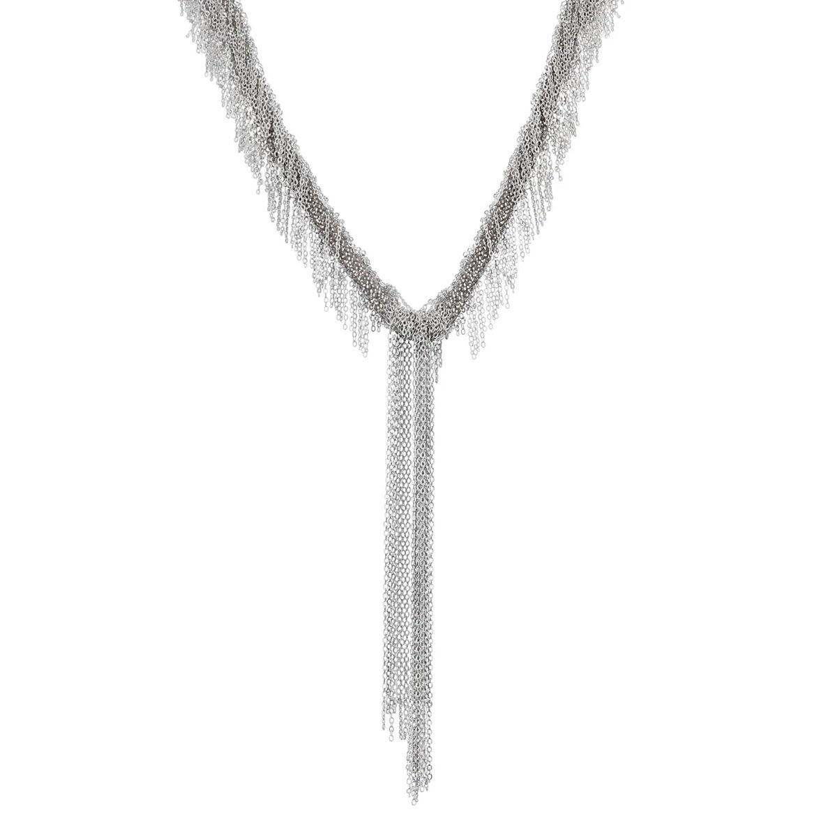 White Bronze &amp; Grey Silk Woven &quot;Fringe&quot; Necklace with Chain Drop - Peridot Fine Jewelry - Marie Laure Chamorel