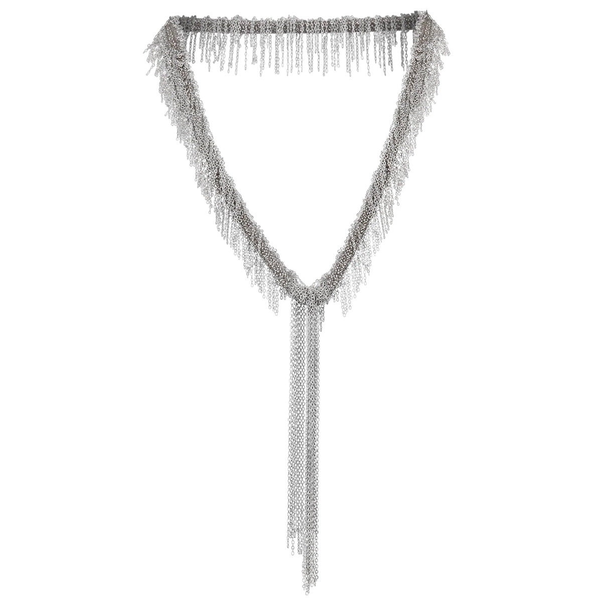White Bronze &amp; Grey Silk Woven &quot;Fringe&quot; Necklace with Chain Drop - Peridot Fine Jewelry - Marie Laure Chamorel