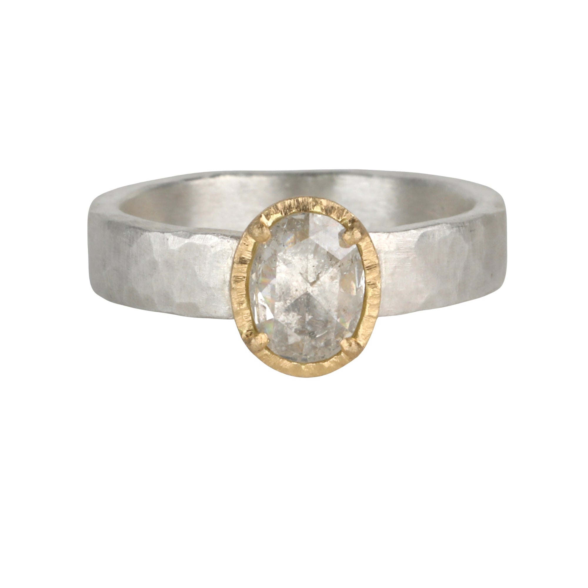 Wide Sterling Silver &amp; 18K Oval Icy Grey Diamond Ring - Peridot Fine Jewelry - Yasuko Azuma