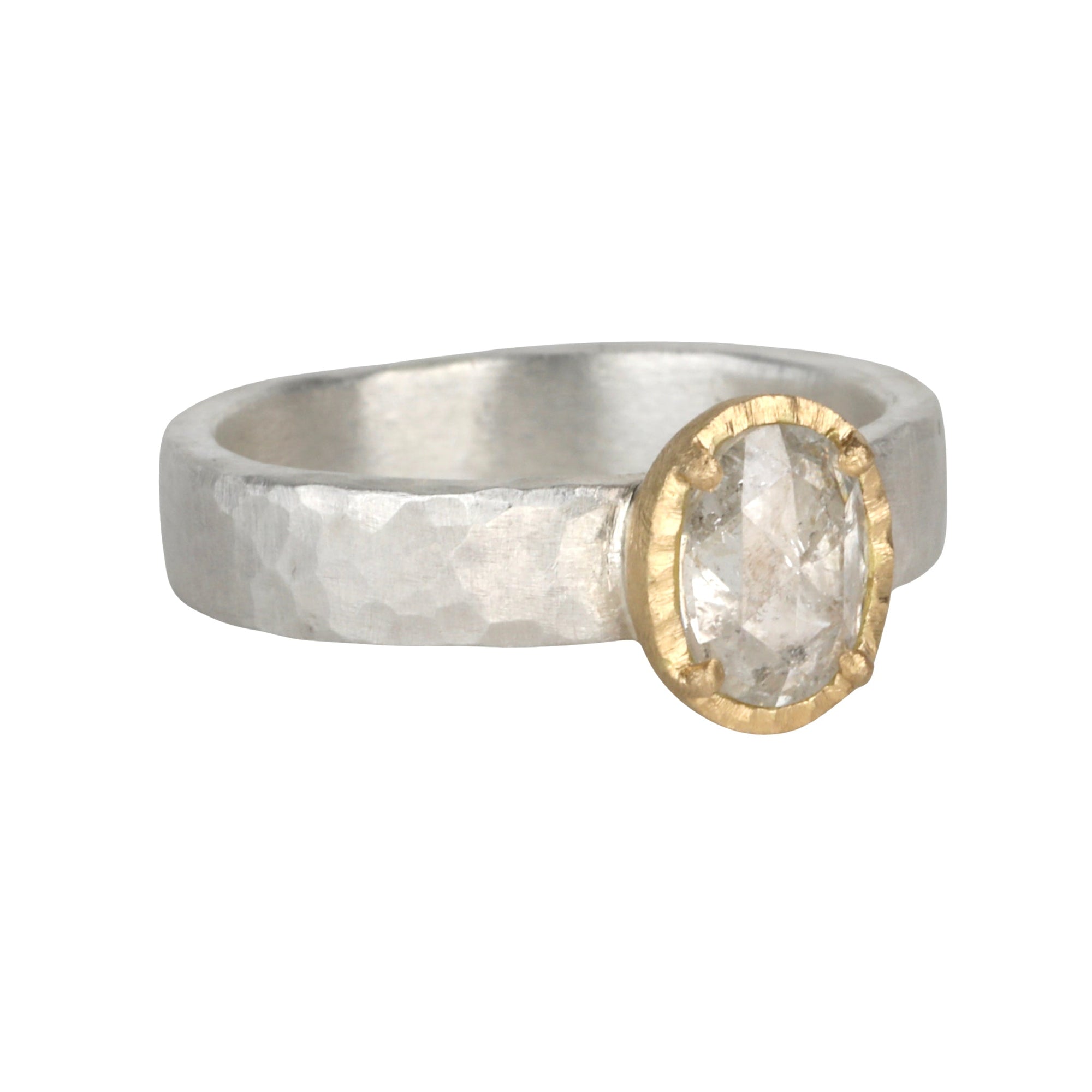 Wide Sterling Silver &amp; 18K Oval Icy Grey Diamond Ring - Peridot Fine Jewelry - Yasuko Azuma