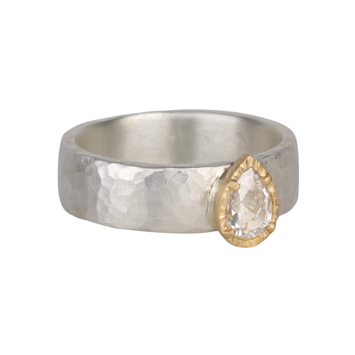 Wide Sterling Silver &amp; 18K Pear - Shaped Icy Grey Diamond Ring - Peridot Fine Jewelry - Yasuko Azuma