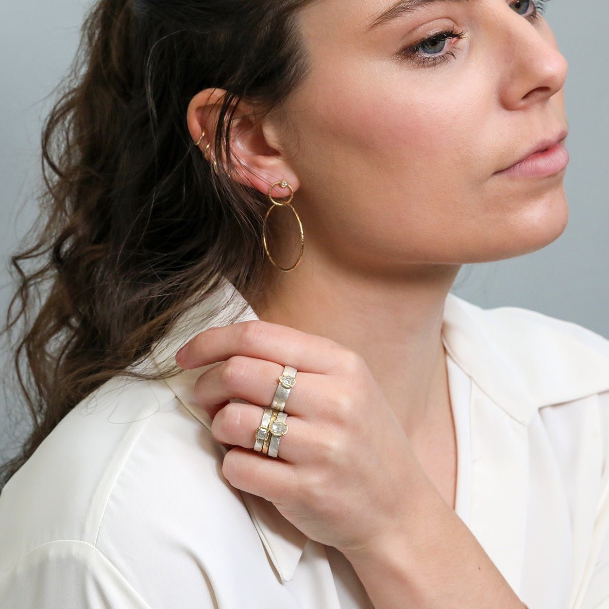 Wide Sterling Silver &amp; 18K Pear - Shaped Icy Grey Diamond Ring - Peridot Fine Jewelry - Yasuko Azuma