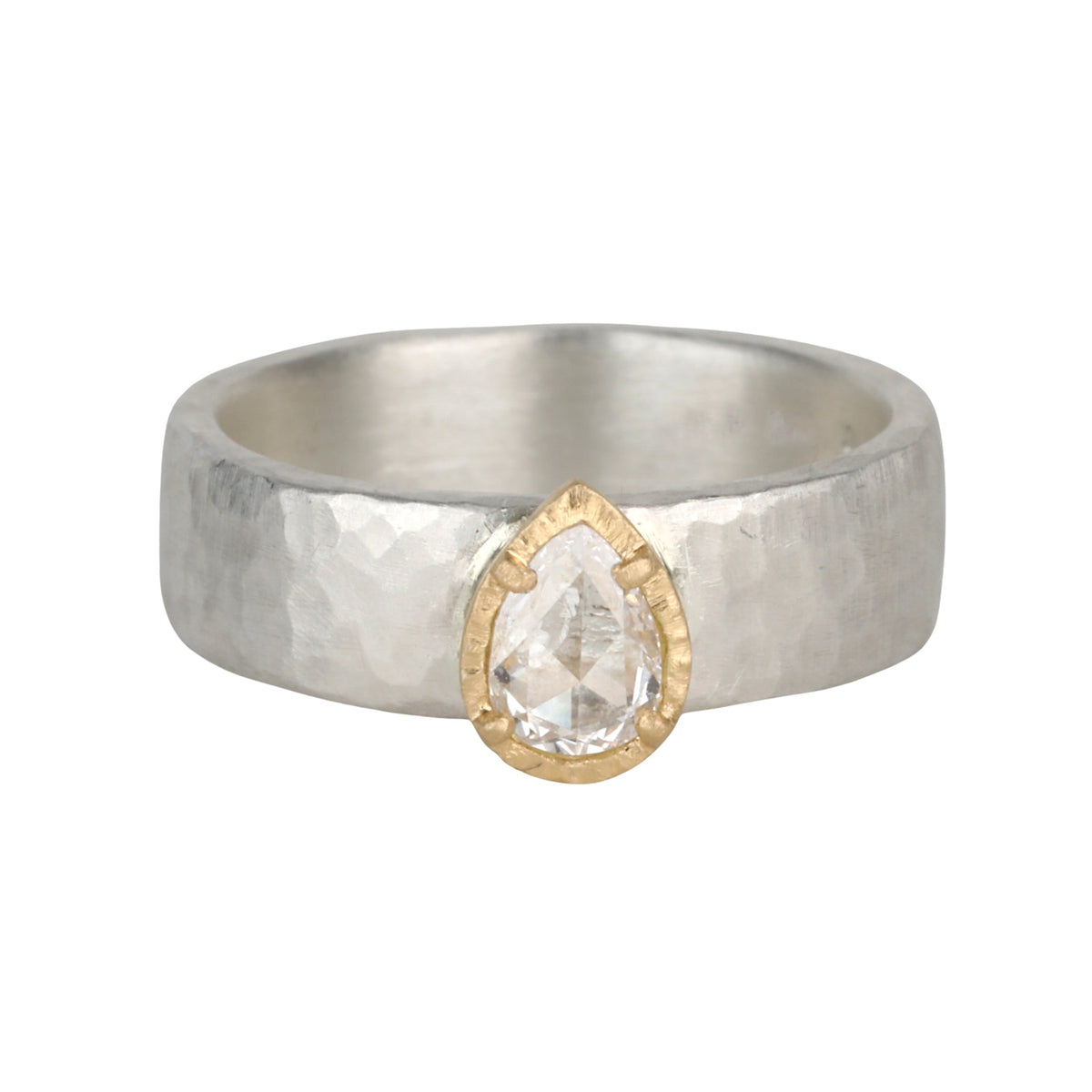 Wide Sterling Silver &amp; 18K Pear - Shaped Icy Grey Diamond Ring - Peridot Fine Jewelry - Yasuko Azuma