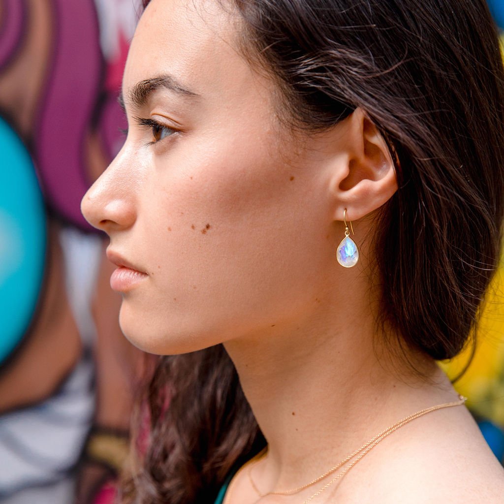 Wide Teardrop Rainbow Moonstone Drop Earrings - Peridot Fine Jewelry - Kothari