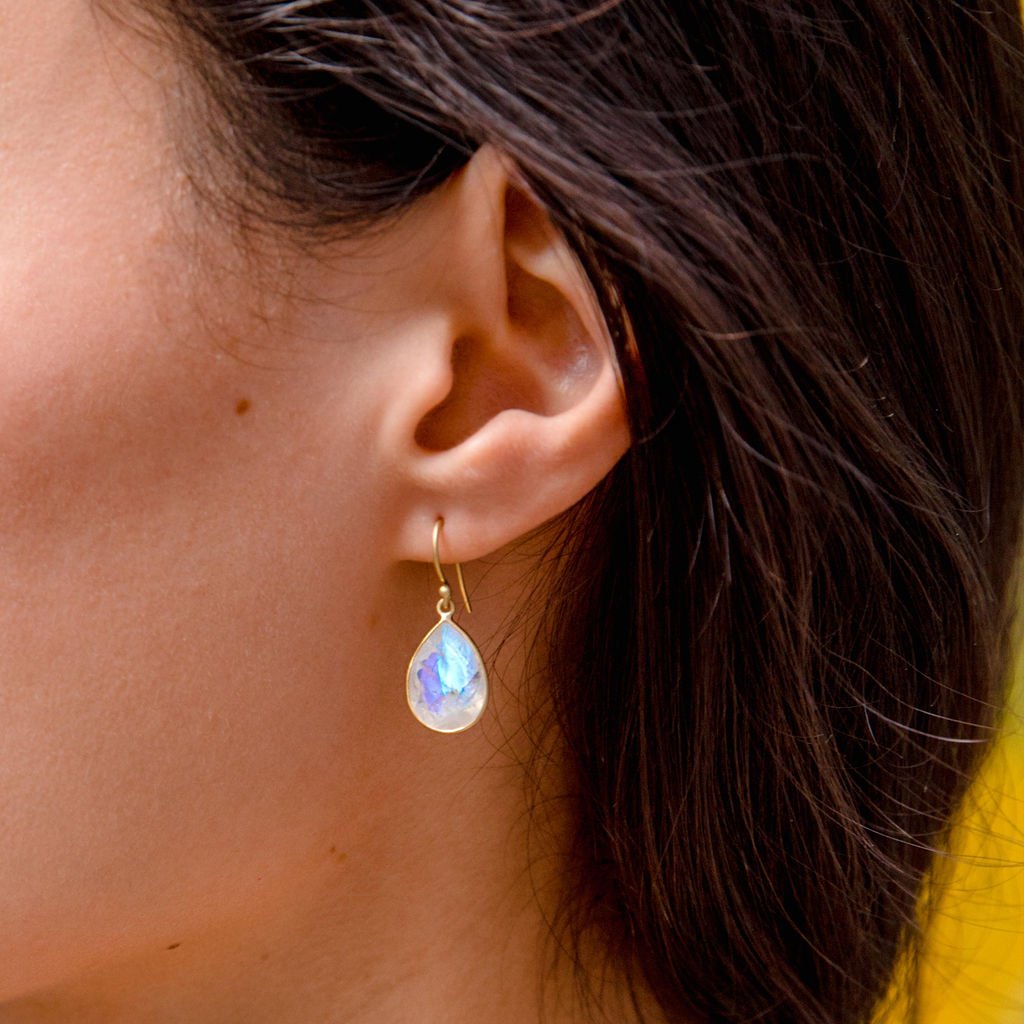 Wide Teardrop Rainbow Moonstone Drop Earrings - Peridot Fine Jewelry - Kothari