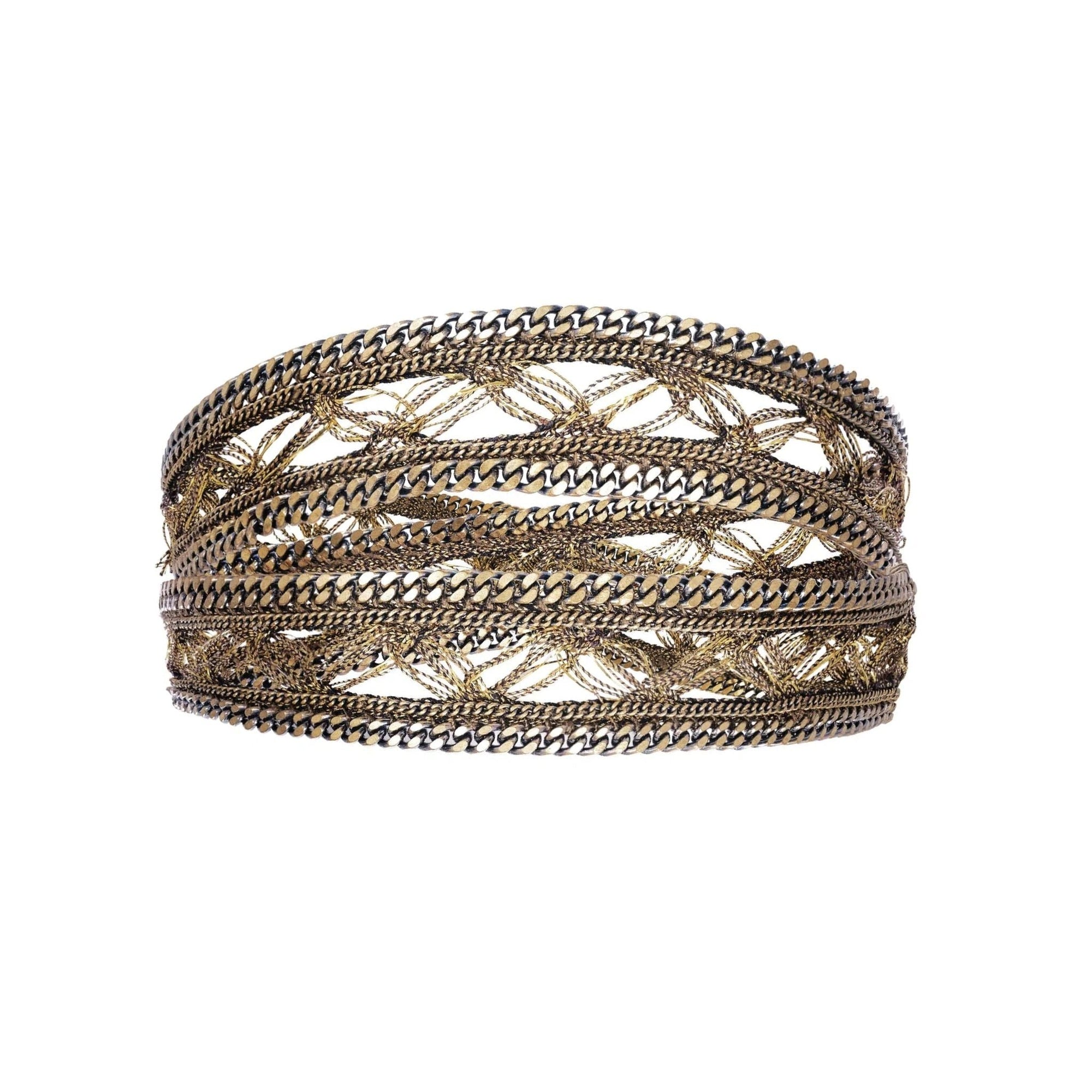 Woven Antique Gold Brass &amp; Golden Lurex Ribbon Double Wrap Bracelet - Peridot Fine Jewelry - Marie Laure Chamorel