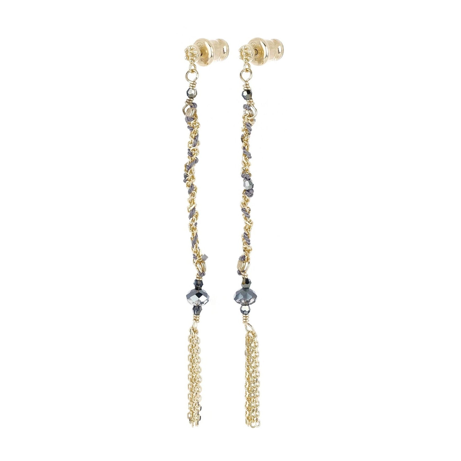 Woven Gold Vermeil & Grey Silk Chain Drop Earrings - Peridot Fine Jewelry - Marie Laure Chamorel