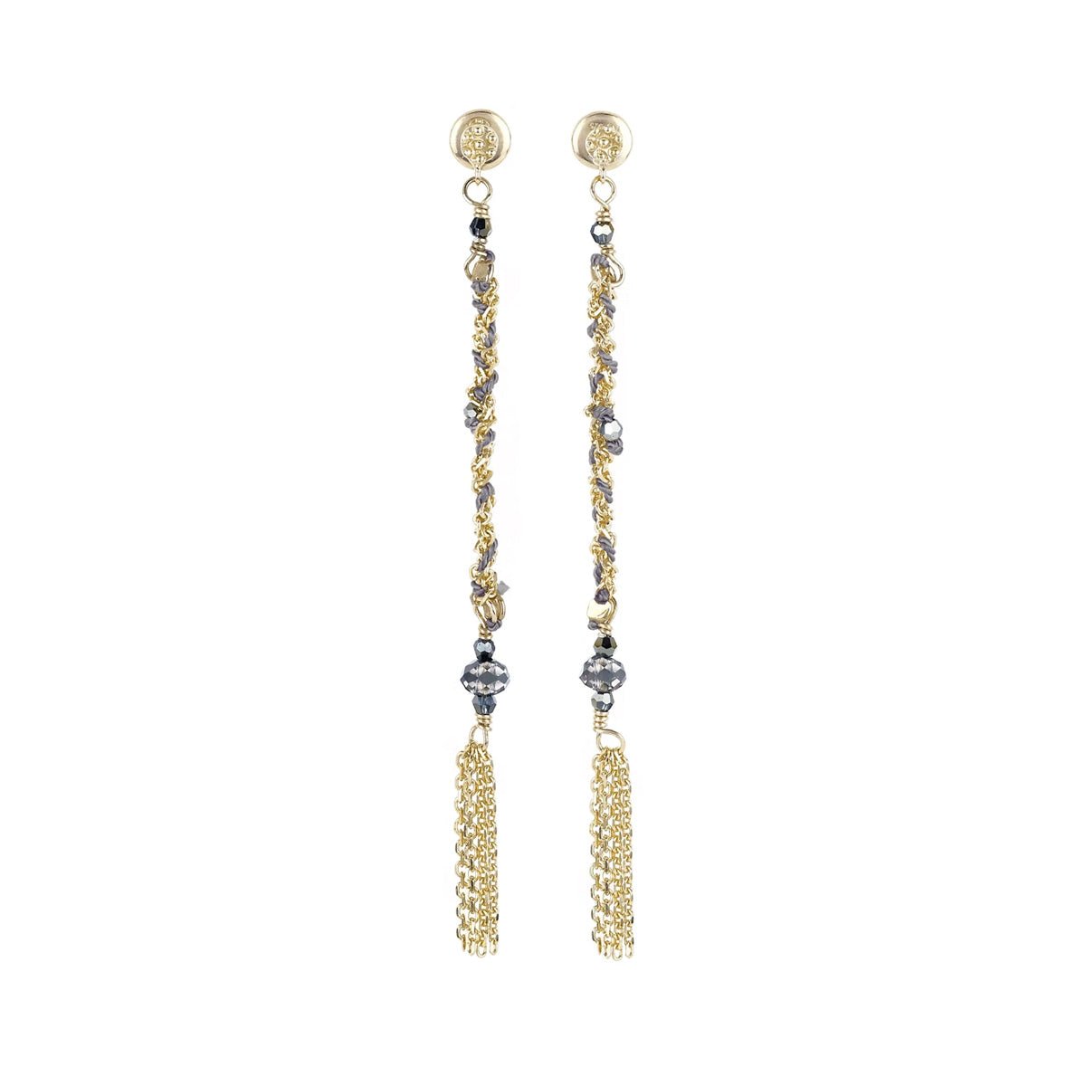 Woven Gold Vermeil & Grey Silk Chain Drop Earrings - Peridot Fine Jewelry - Marie Laure Chamorel