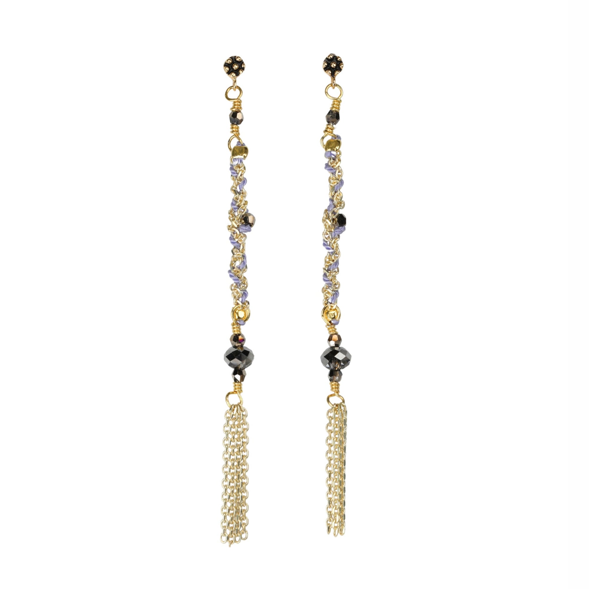 Woven Gold Vermeil & Lilac Silk Chain Drop Earrings - Peridot Fine Jewelry - Marie Laure Chamorel