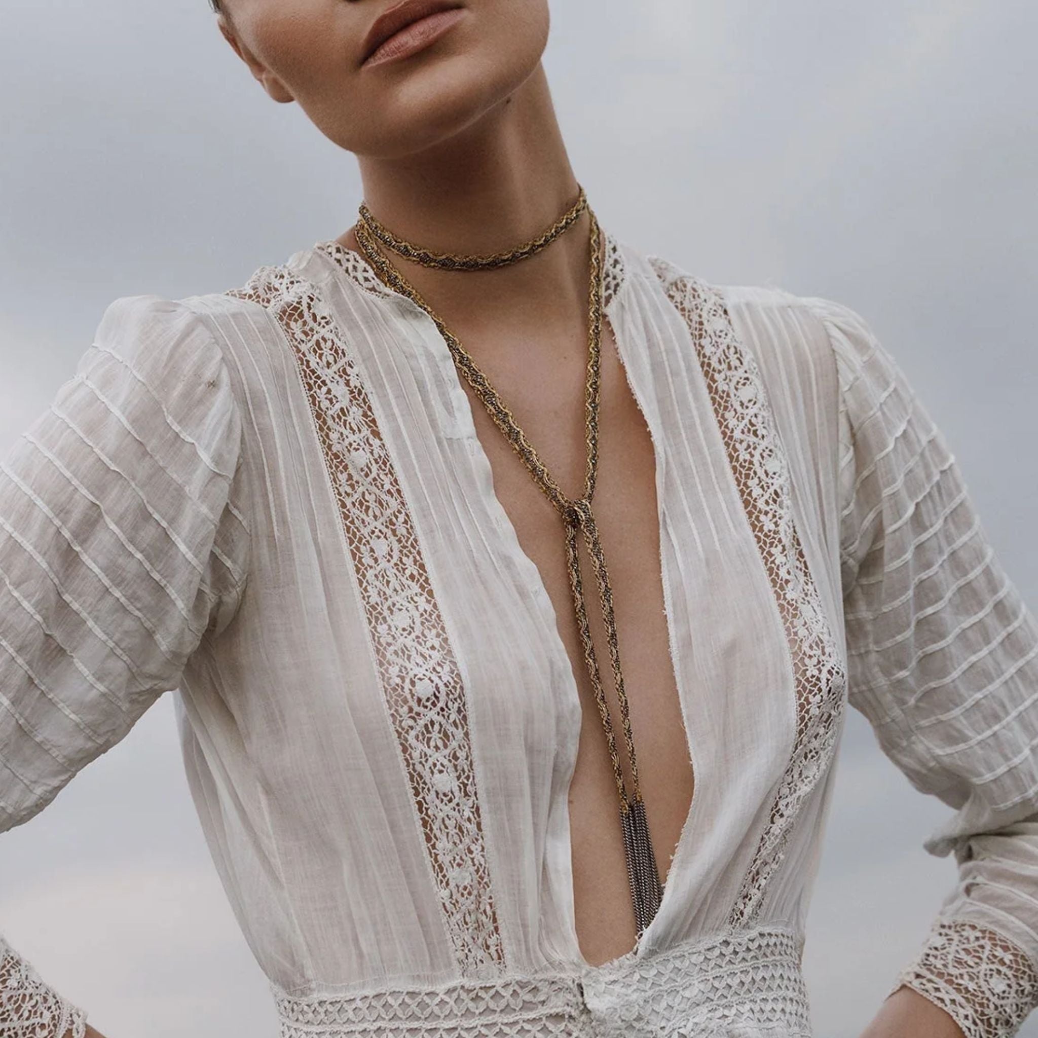 Marie Laure Chamorel Woven Mixed-Tone Brass Chain & Lurex Ribbon