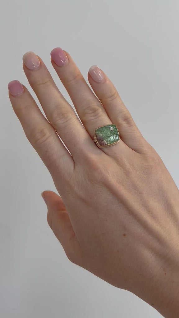 Jamie Joseph Rectangular Watermelon Tourmaline Ring with Diamond