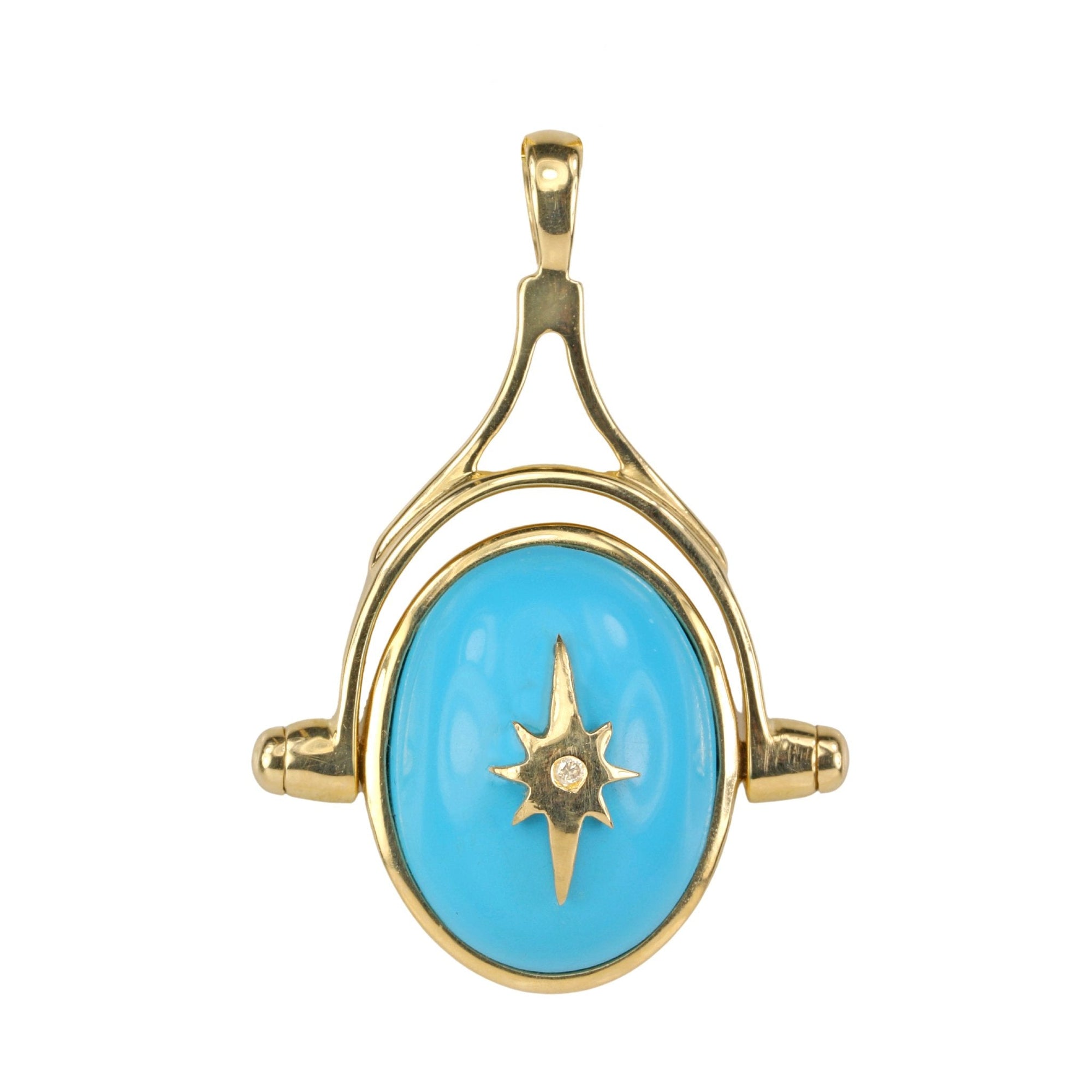 10 Karat Yellow Gold Oval Turquoise Spinning Pendant with Star Overlay - Peridot Fine Jewelry - Zahava