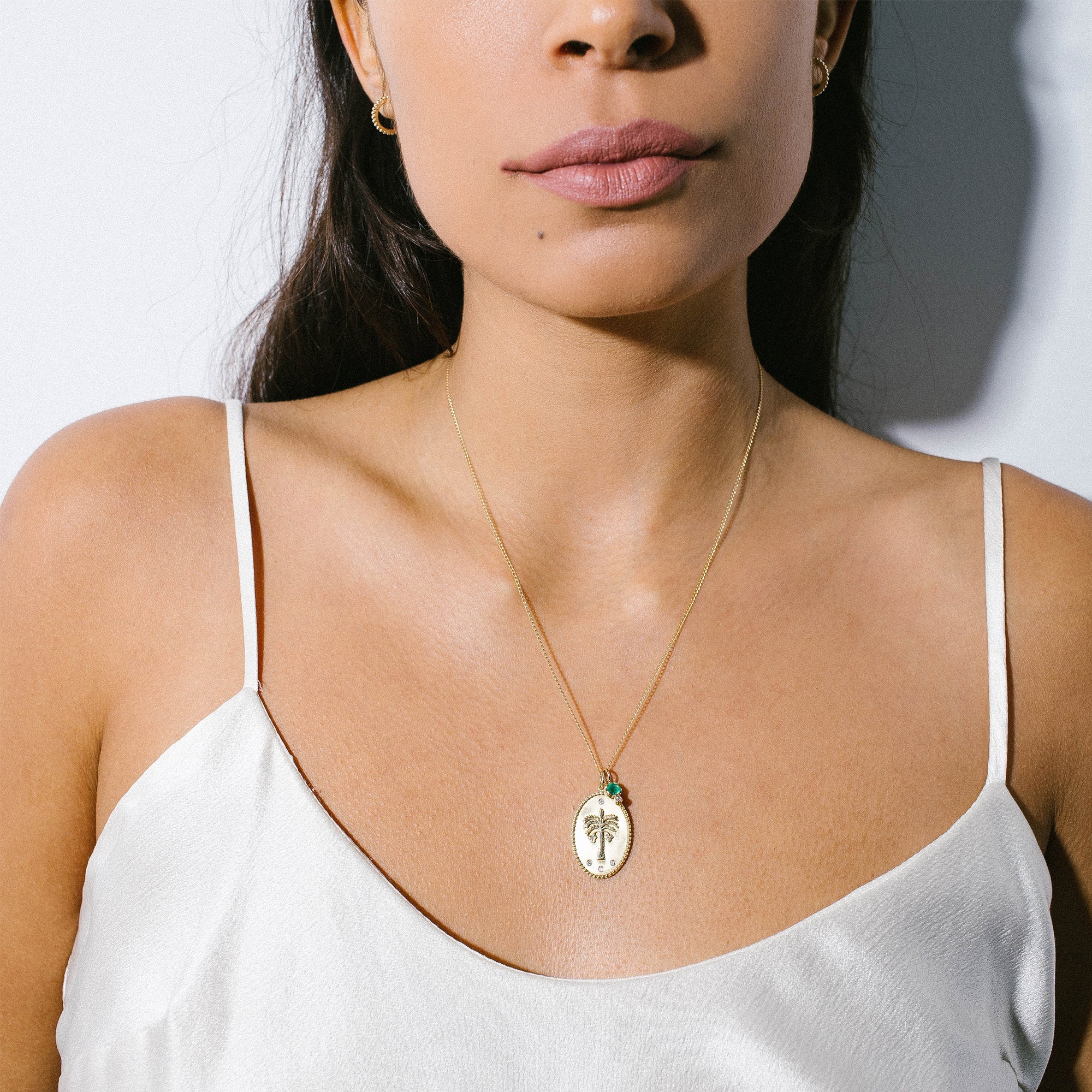 10K Gold Large &quot;Date Palm&quot; Necklace with Diamond Detail - Peridot Fine Jewelry - Zahava