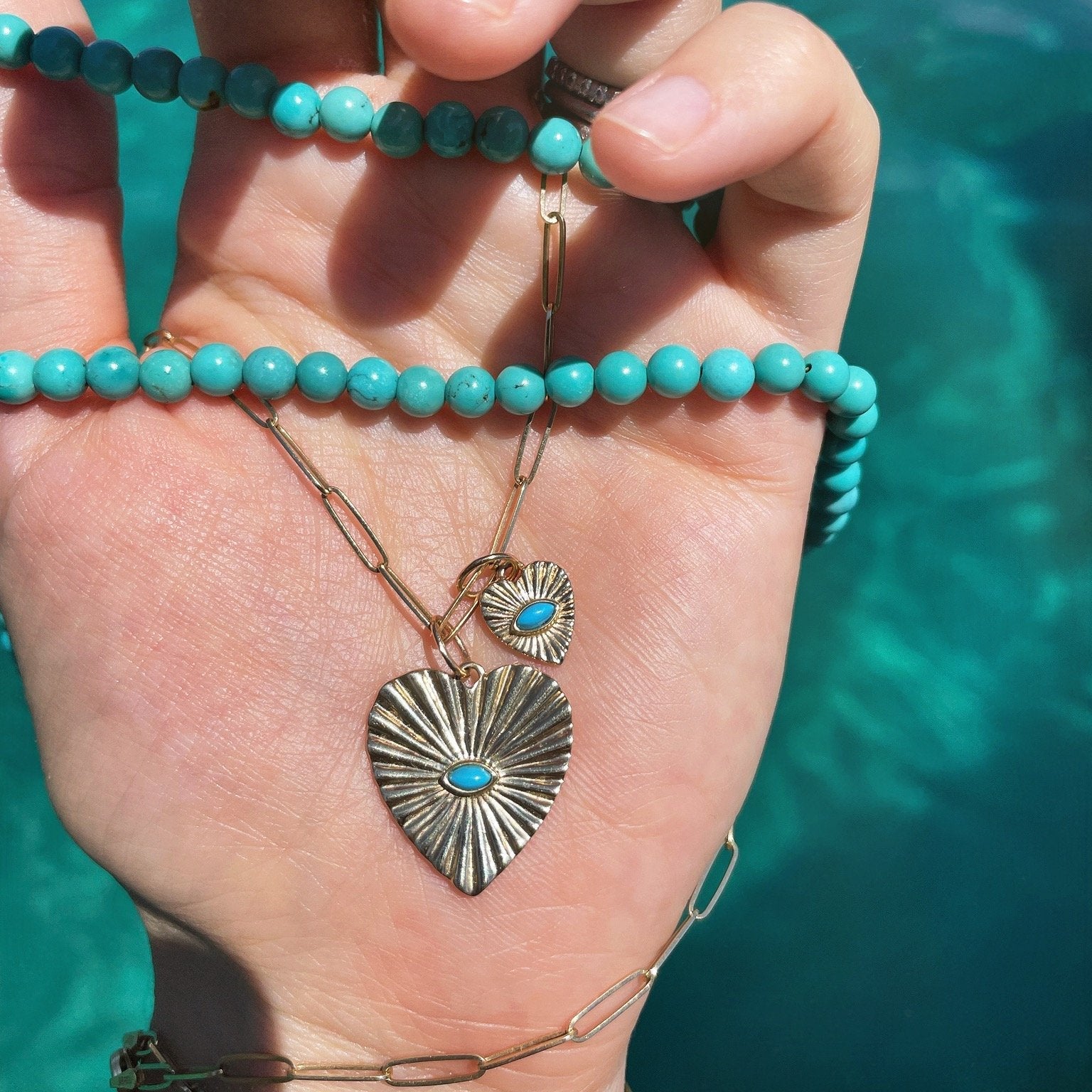 10K Gold Large Textured Heart Pendant with Turquoise - Peridot Fine Jewelry - Zahava