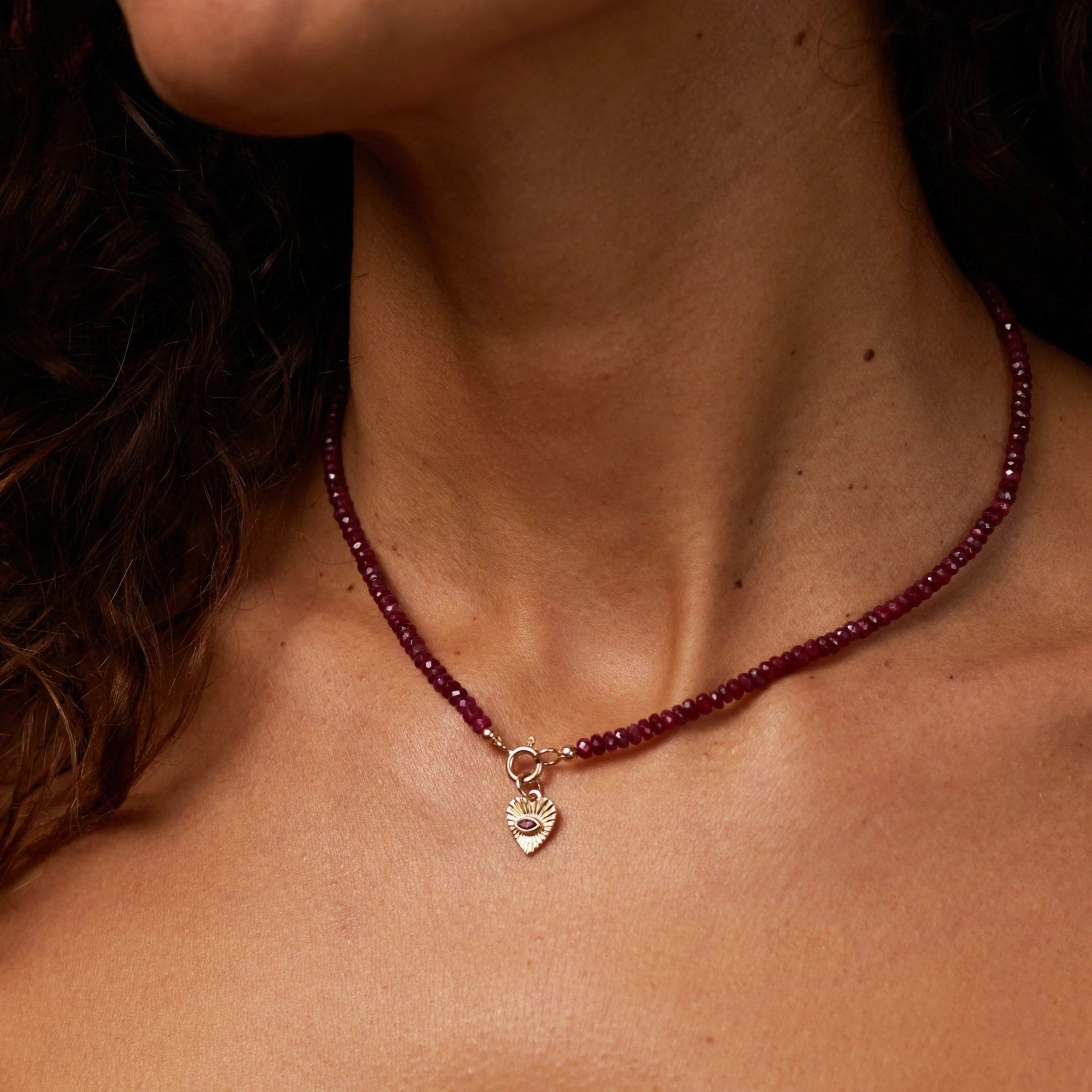 10K Gold Mini Textured Heart Pendant with Pink Tourmaline - Peridot Fine Jewelry - Zahava