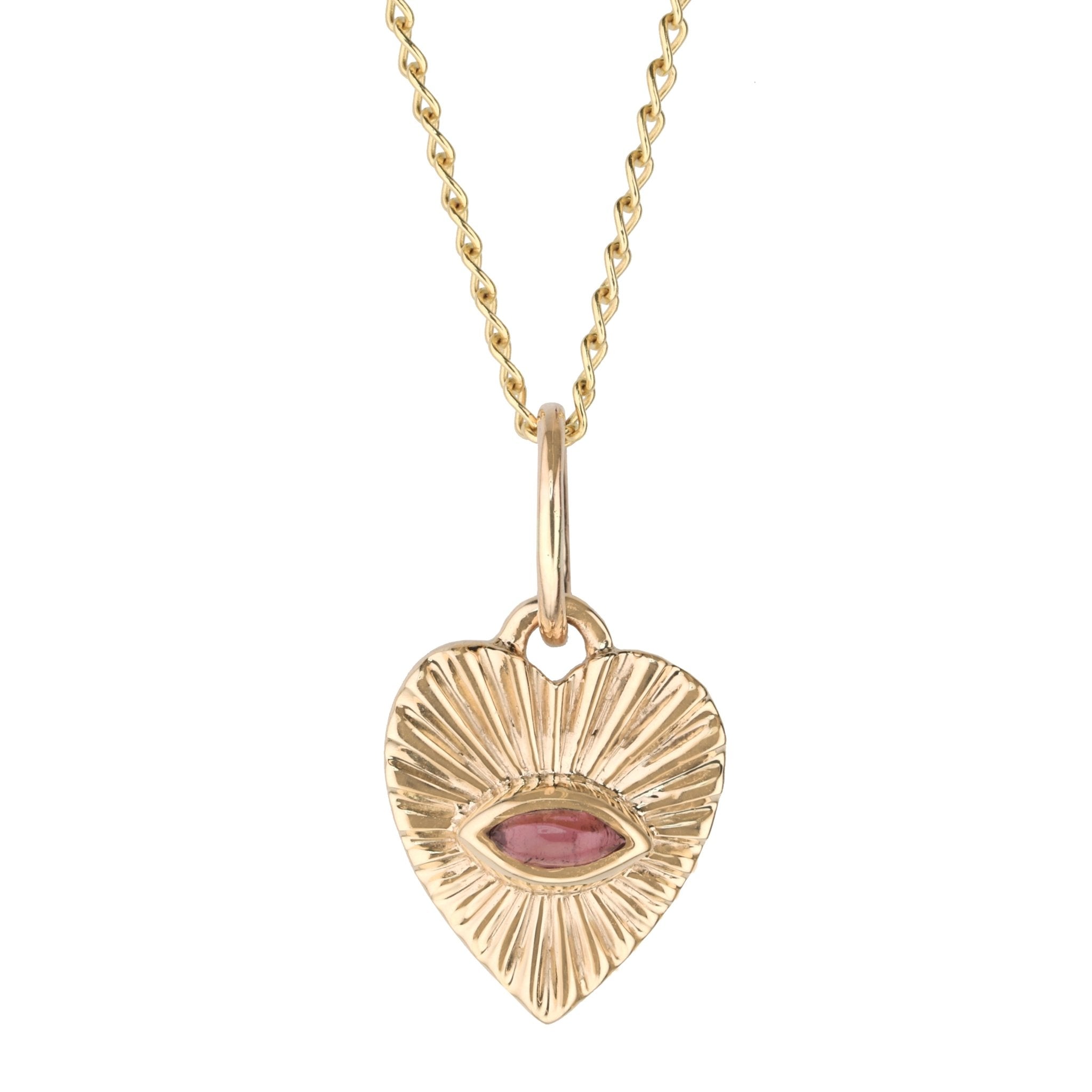 10K Gold Mini Textured Heart Pendant with Pink Tourmaline - Peridot Fine Jewelry - Zahava