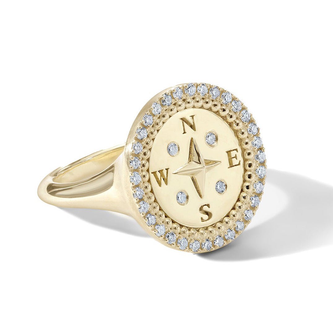10K Gold Pave &quot;Compass&quot; Signet Ring - Peridot Fine Jewelry - Zahava