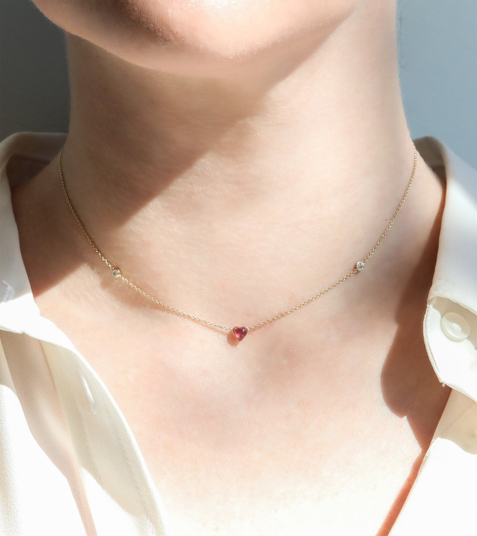 10K Gold Pink Tourmaline &quot;Byrdie&quot; Heart Choker Necklace - Peridot Fine Jewelry - Zahava