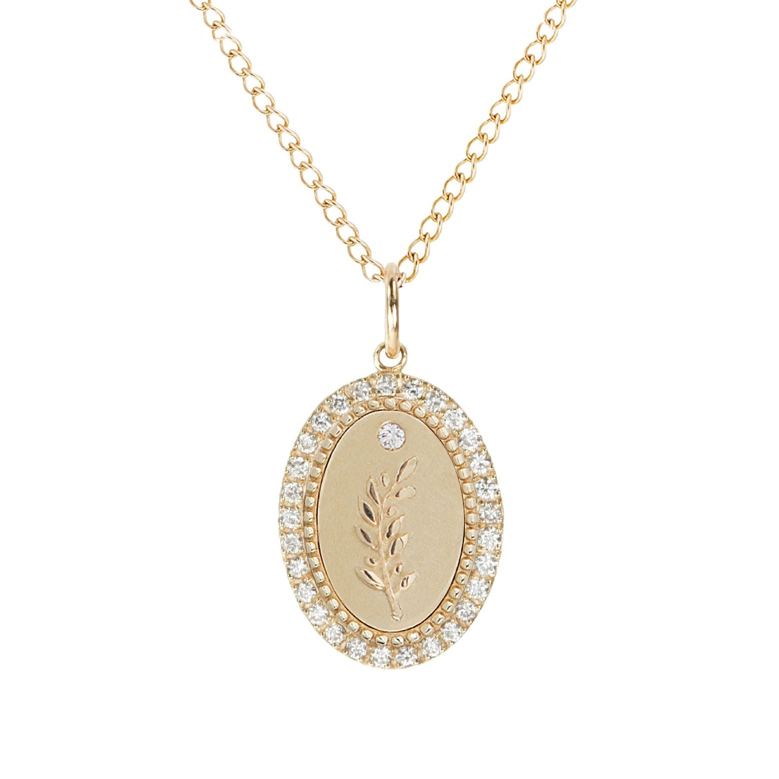 10K Gold Small Pave Diamond &quot;Olive Branch&quot; Pendant - Peridot Fine Jewelry - Zahava