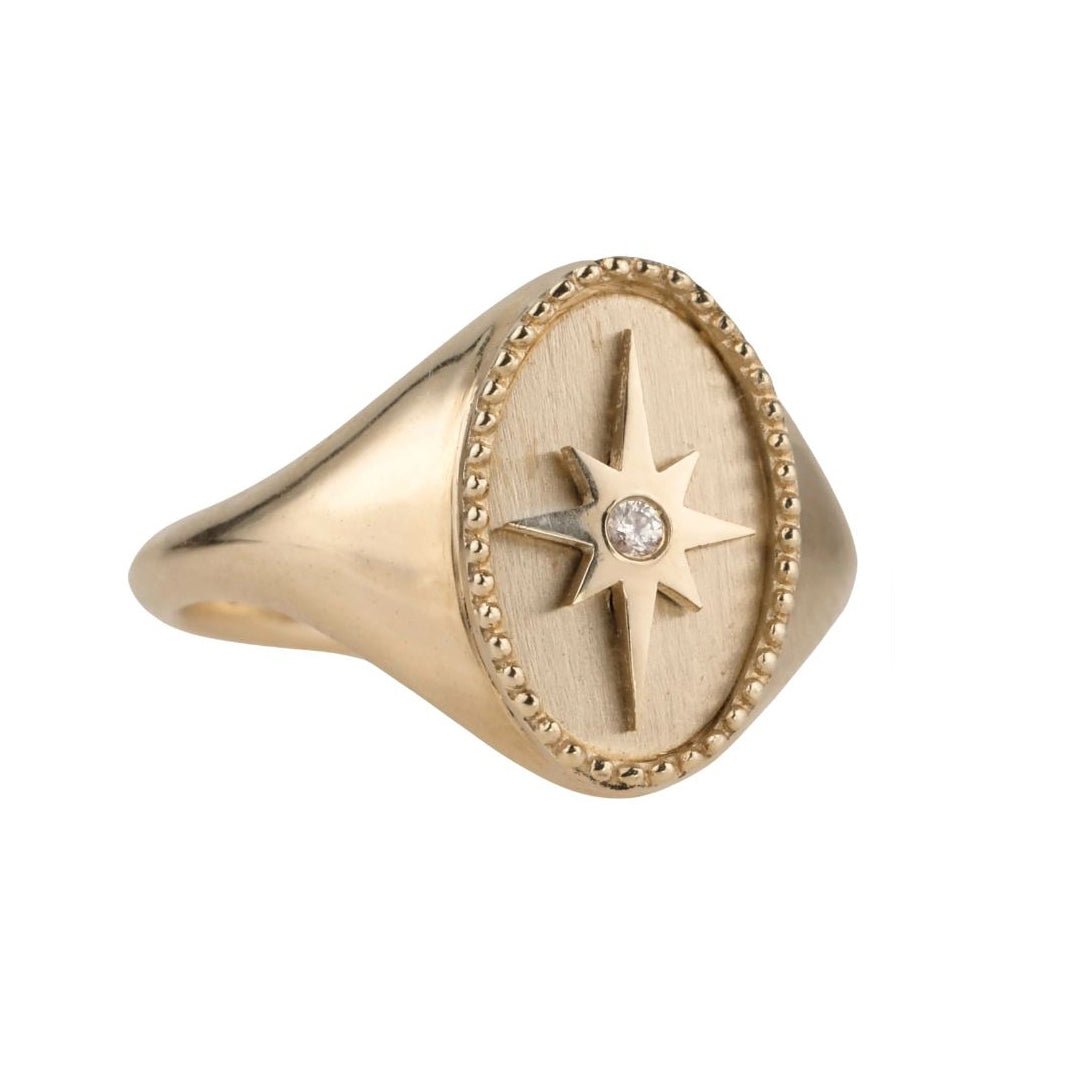 10K Gold &quot;Star&quot; Signet Ring with Diamond Detail - Peridot Fine Jewelry - Zahava