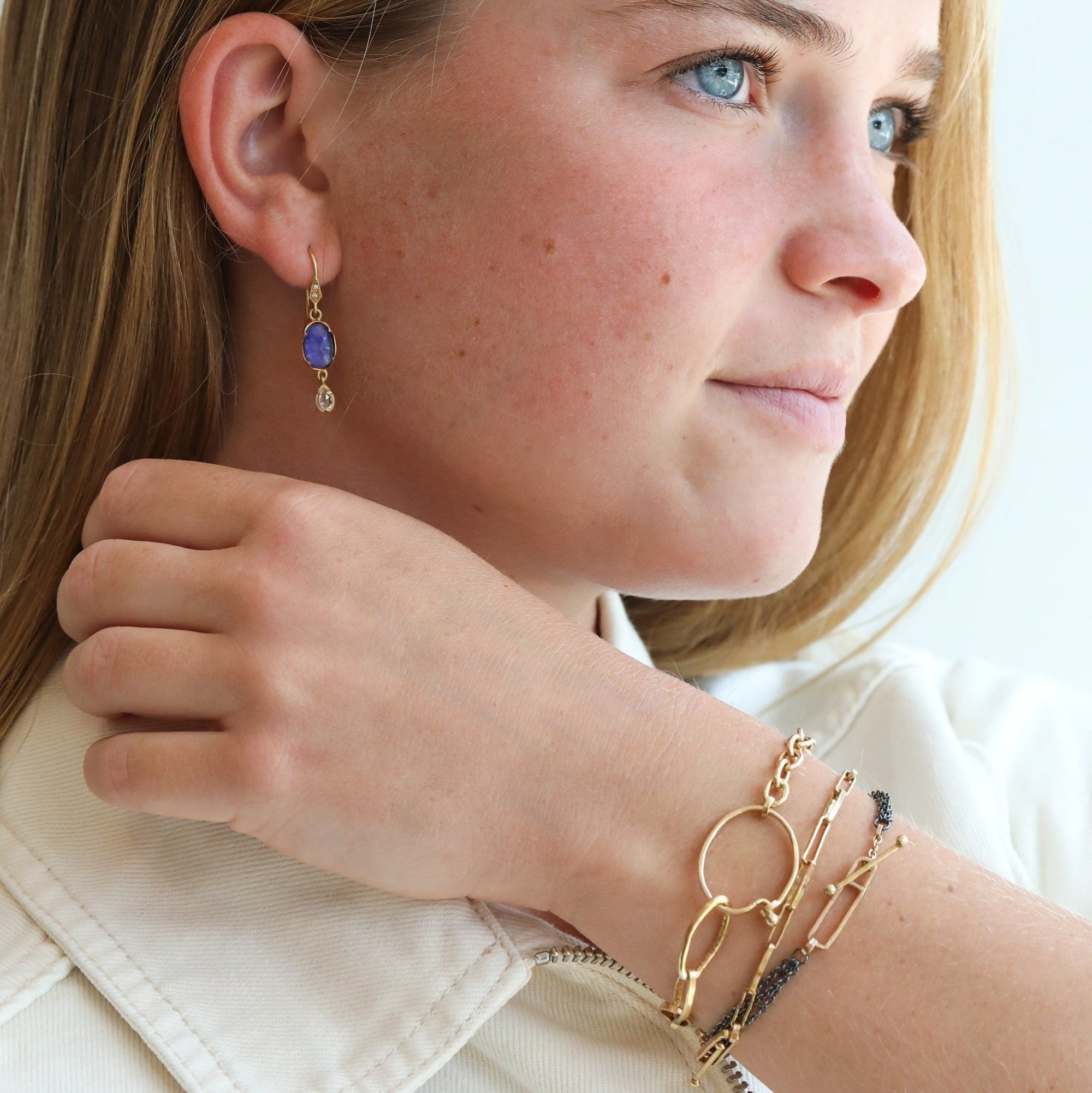 14 Karat Yellow Gold HandmadeToggle Clasp &quot;Friendship&quot; Bracelet with Oxidized Silver Chain - Peridot Fine Jewelry - Sarah Macfadden