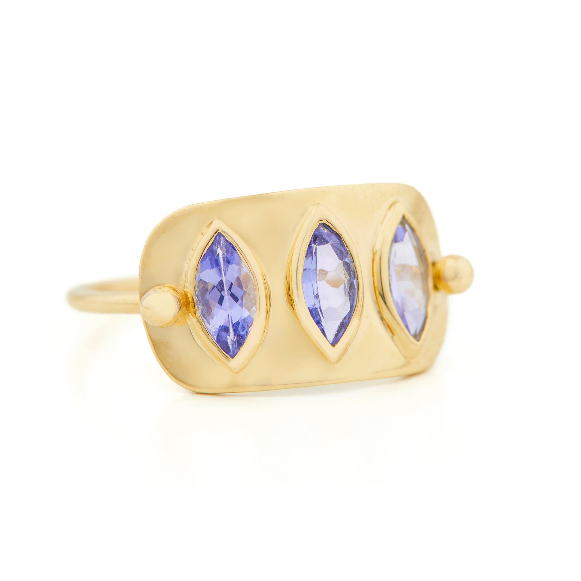 14 Karat Yellow Gold High Polish &quot;Plate&quot; Ring with Tanzanite Marquise - Peridot Fine Jewelry - Celine Daoust