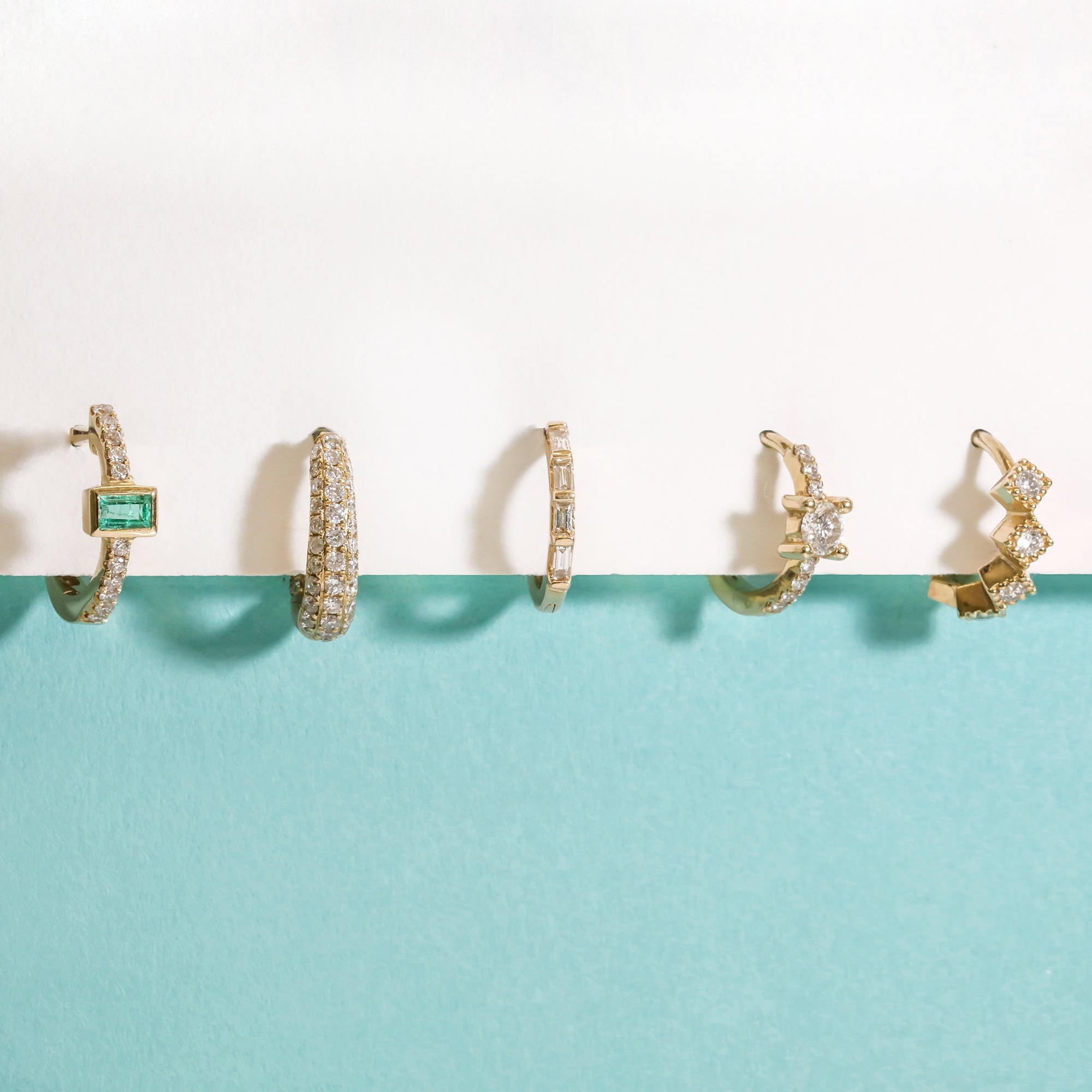 14K Baguette Emerald and Pave Diamond Huggie Hoop - Peridot Fine Jewelry - Jacquie Aiche