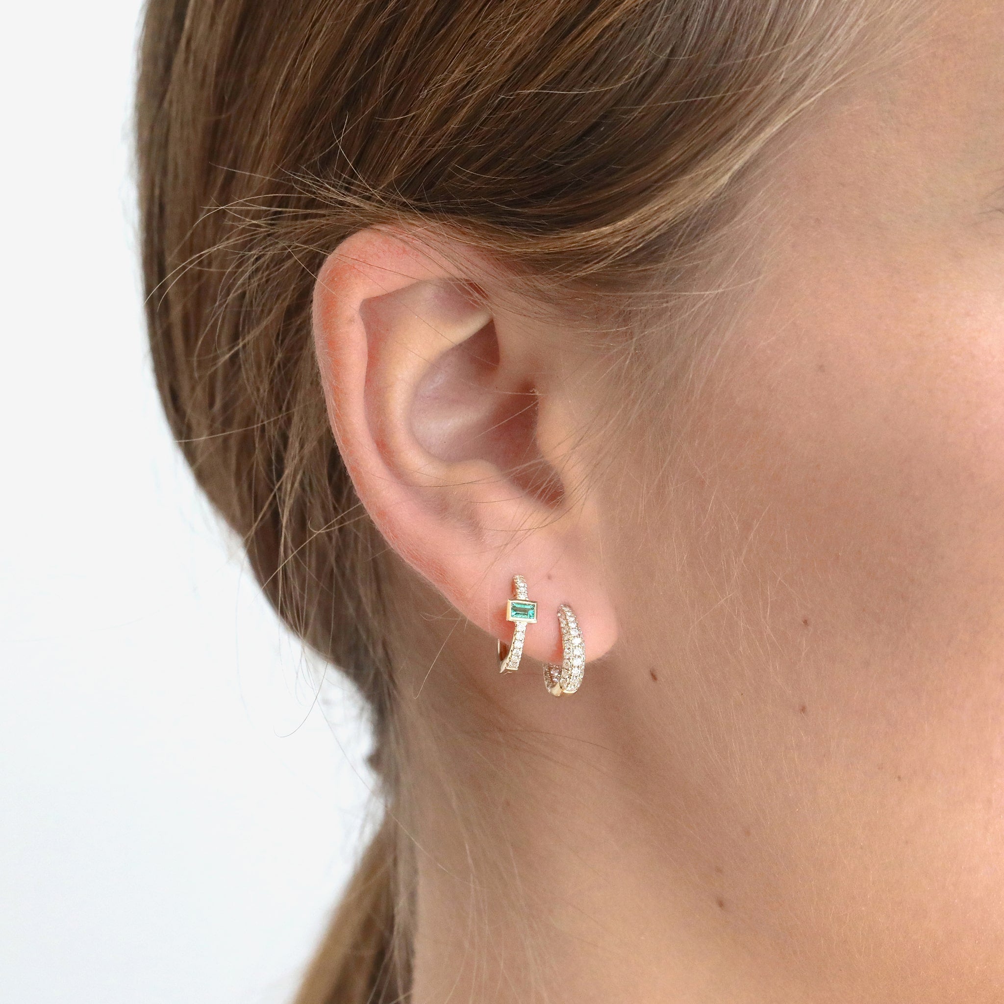 14K Baguette Emerald and Pave Diamond Huggie Hoop - Peridot Fine Jewelry - Jacquie Aiche